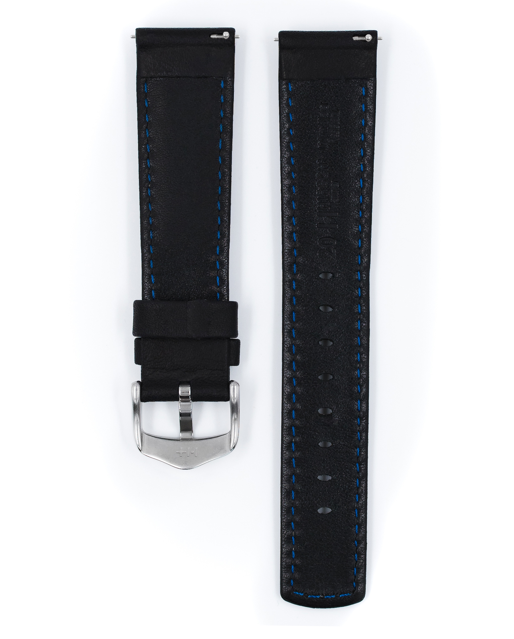 Schwarzes Lederarmband mit blauen Nähten und silberner Schnalle.