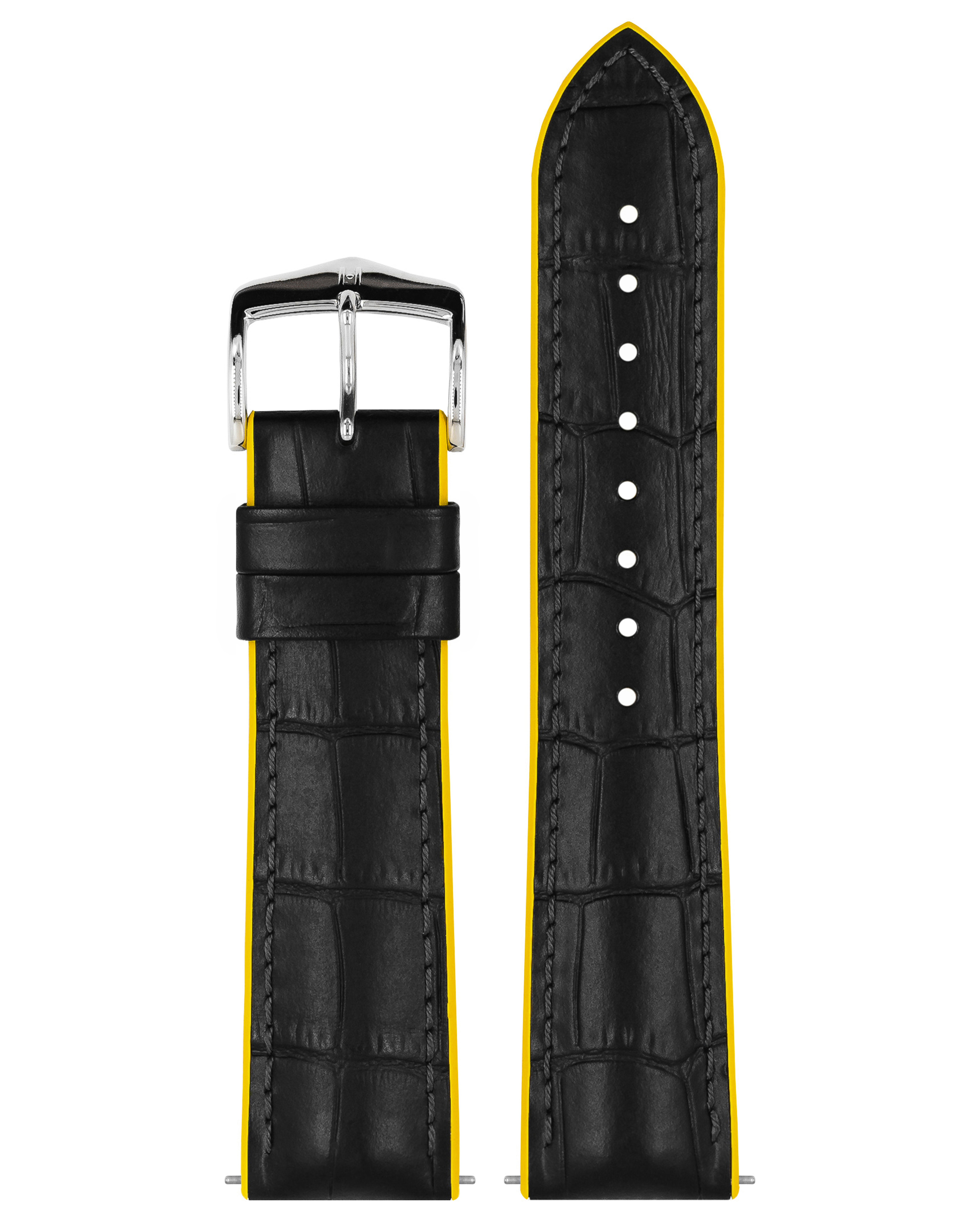 Schwarz-gelbes Uhrenarmband mit Krokodiltextur und silberner Schnalle.