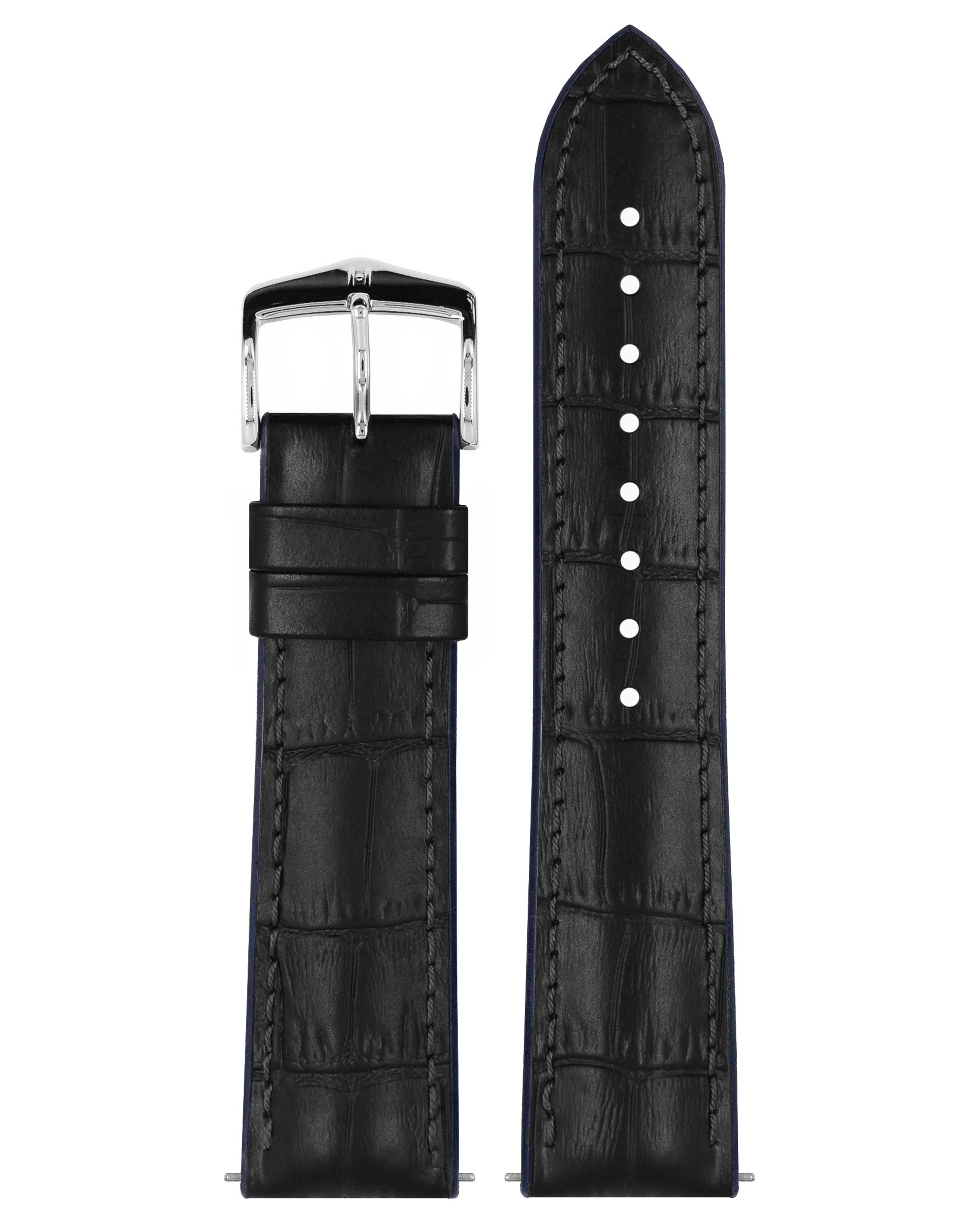 Schwarzes Armband mit Krokodiltextur, silberner Schnalle und blauem Futter.