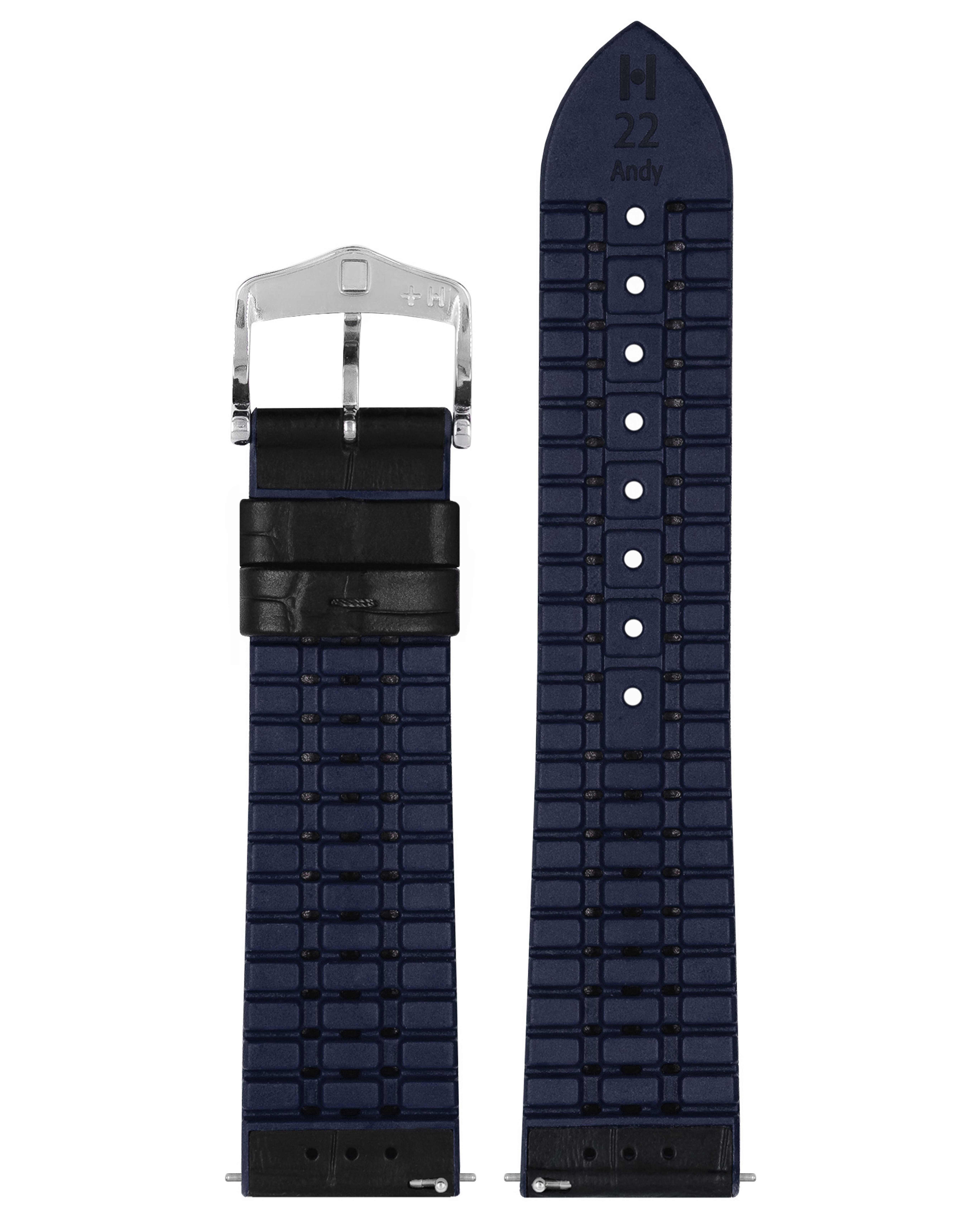 Schwarz-blaues Uhrenarmband mit silberner Schnalle und Ziegelmuster.