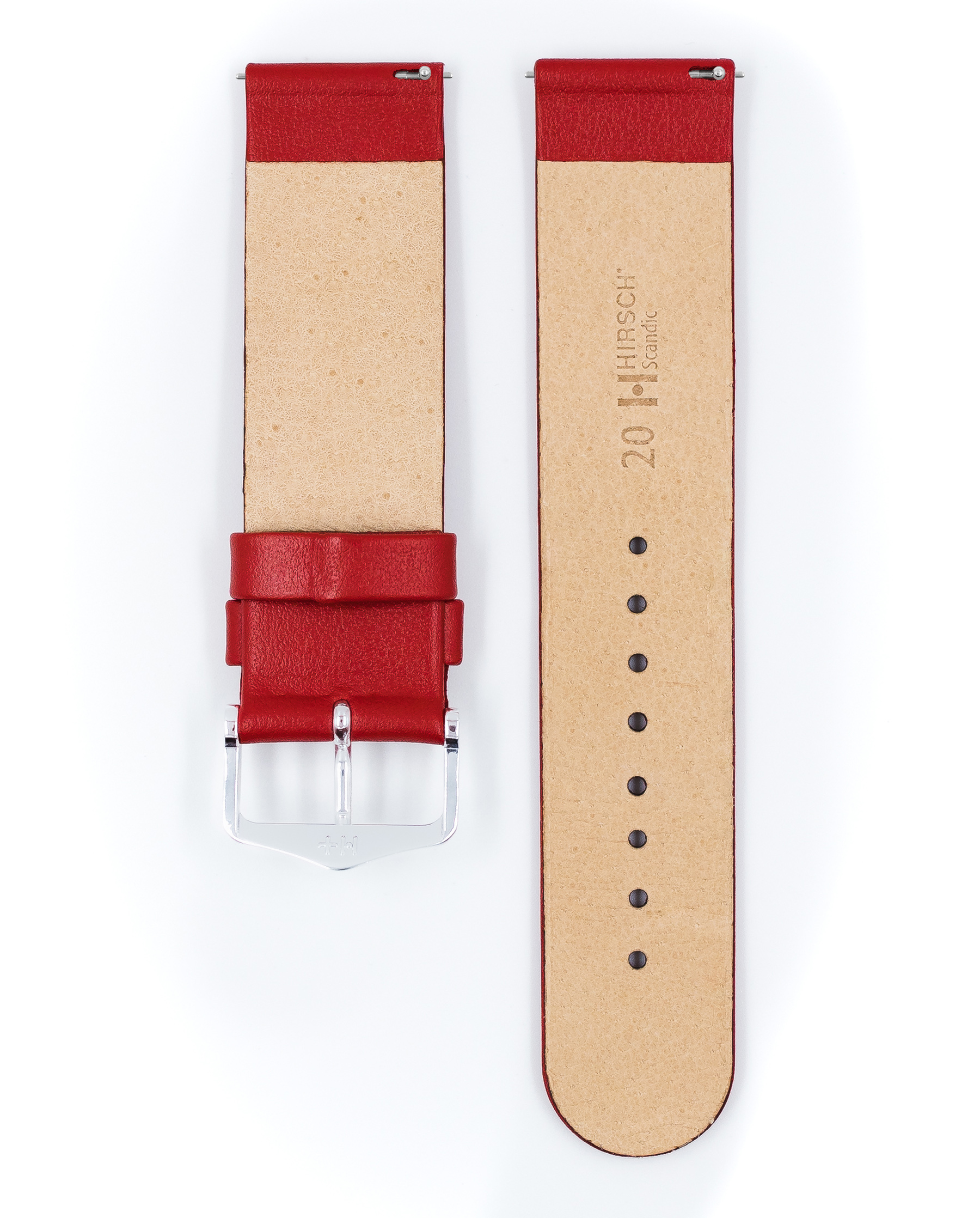 Rotes Lederarmband mit silberner Schnalle und beigem Innenraum.