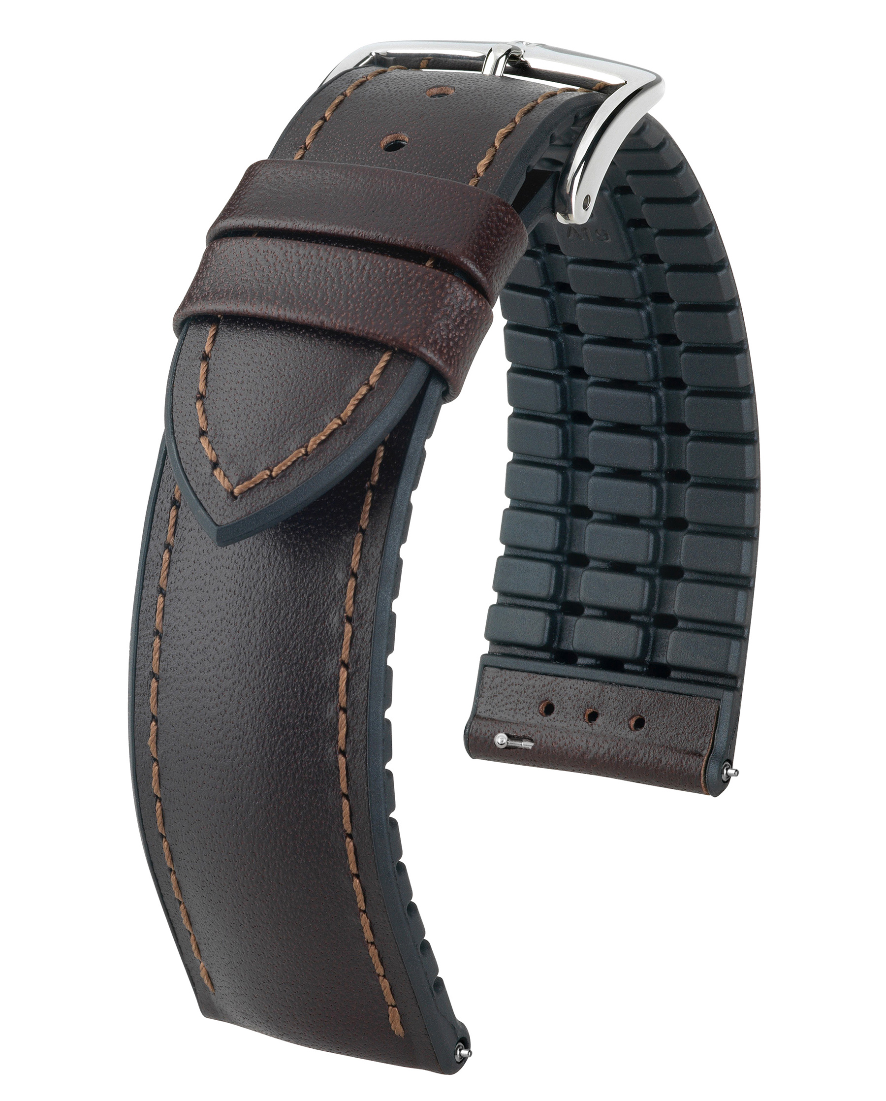 Braunes Uhrenarmband mit schwarzem strukturiertem Teil und silberner Schnalle.