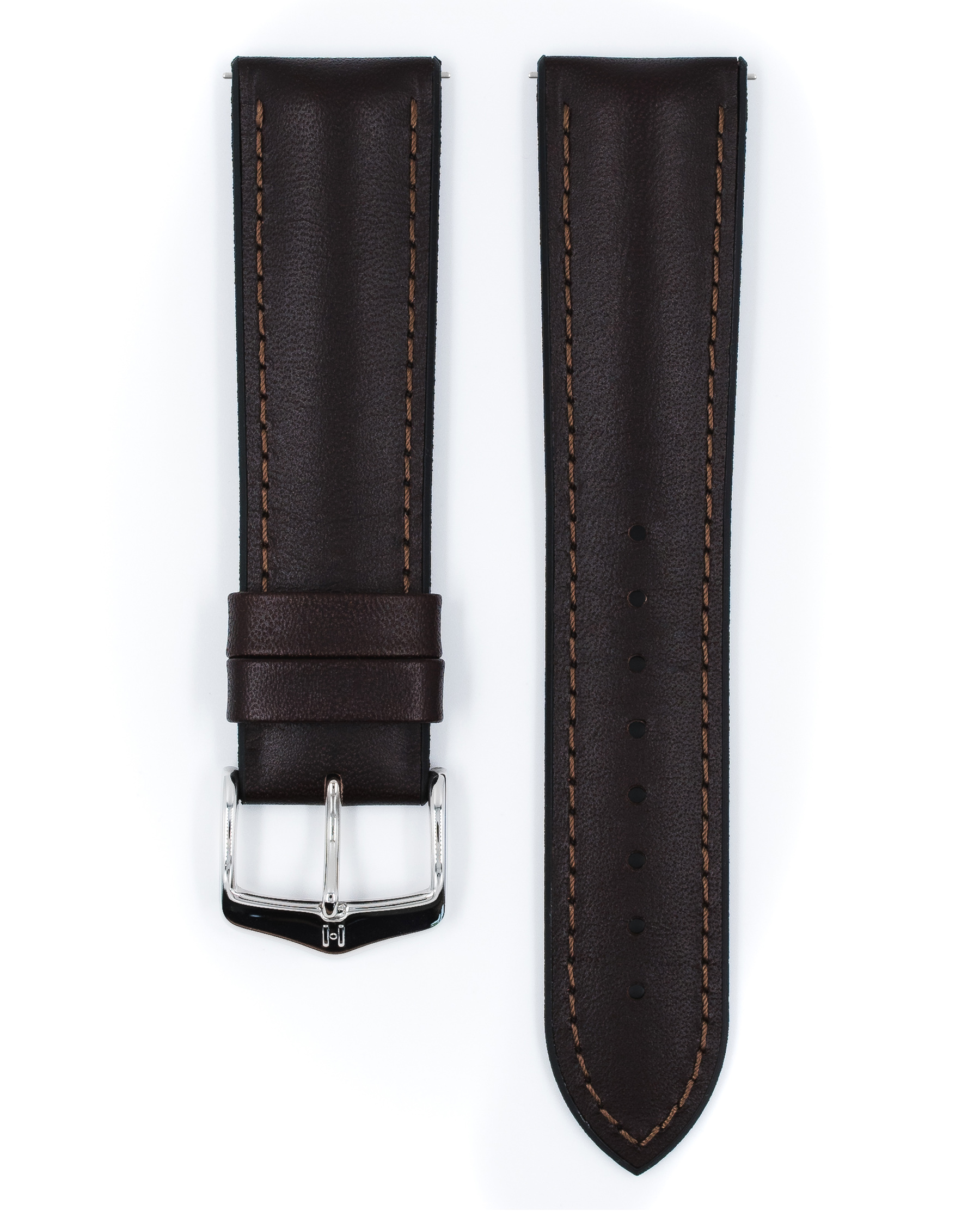 Braunes Uhrenarmband mit silberner Schnalle. Braune Nähte an den Rändern.