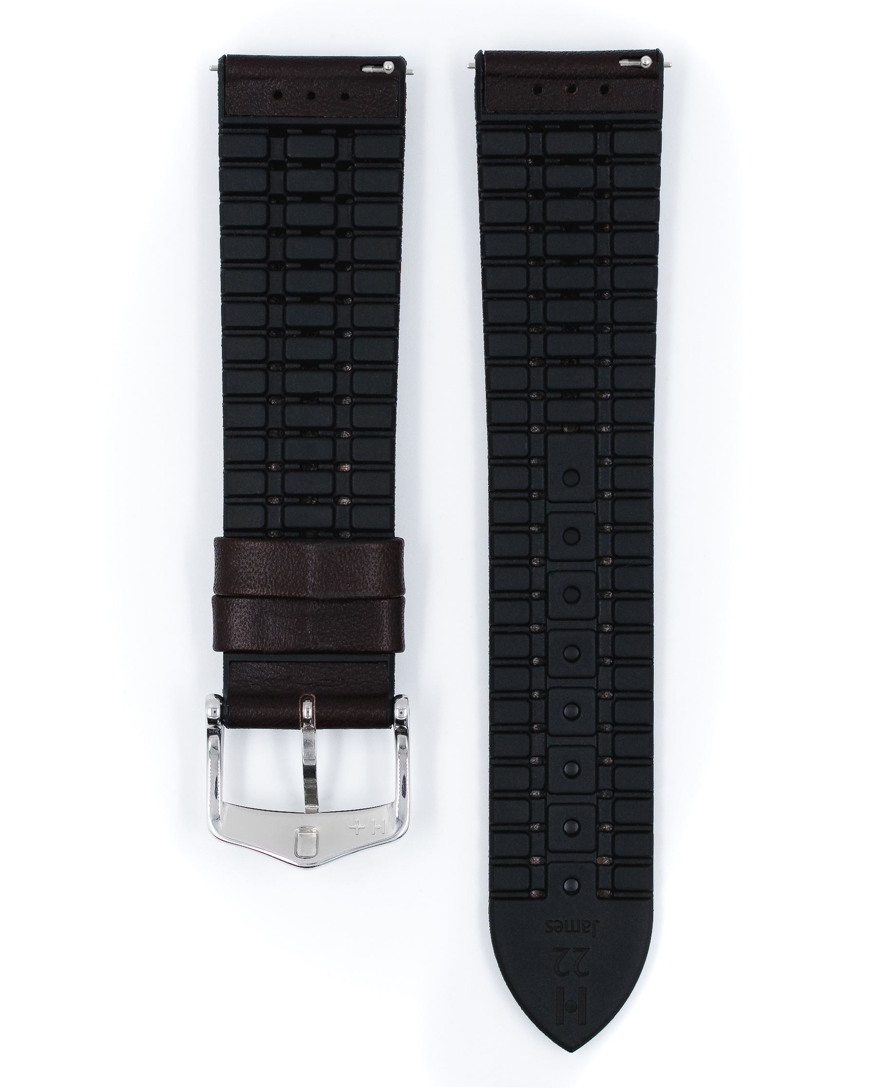 Braunes Uhrenarmband mit schwarzem strukturiertem Teil und silberner Schnalle.