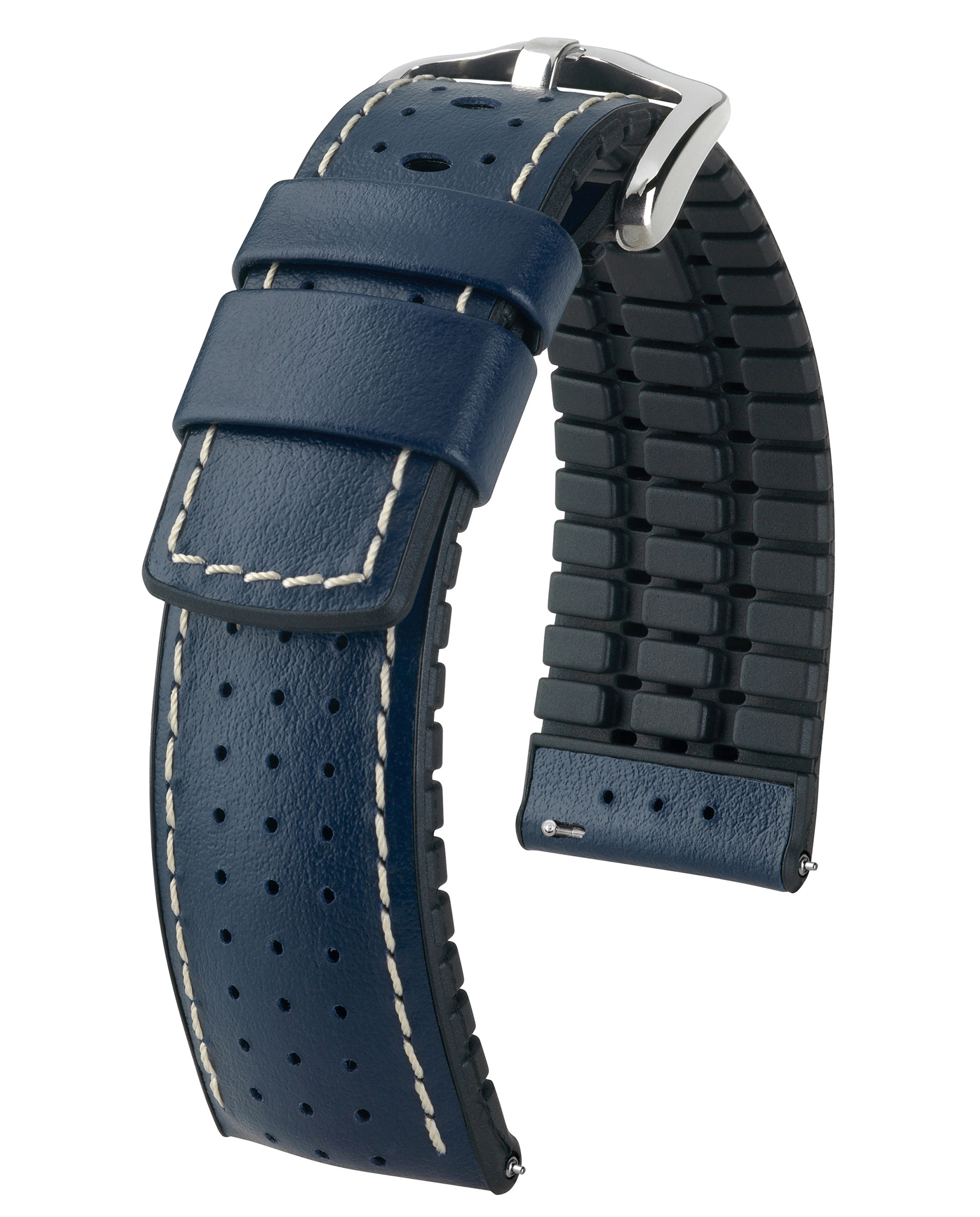 Blaues Uhrenarmband mit schwarzem strukturiertem Teil und silberner Schnalle.