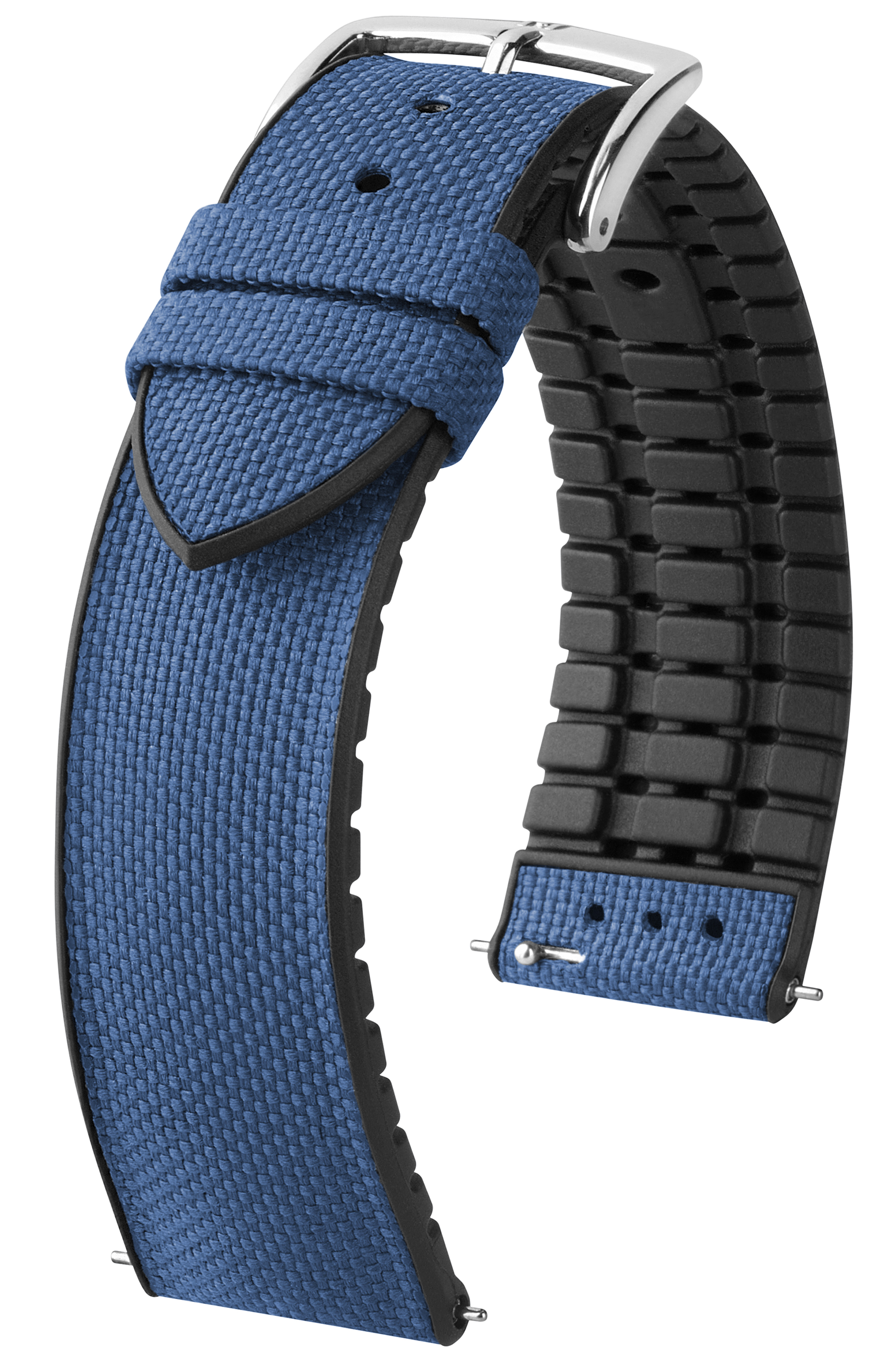 Blaues Uhrenarmband mit schwarzem strukturiertem Teil und silberner Schnalle.