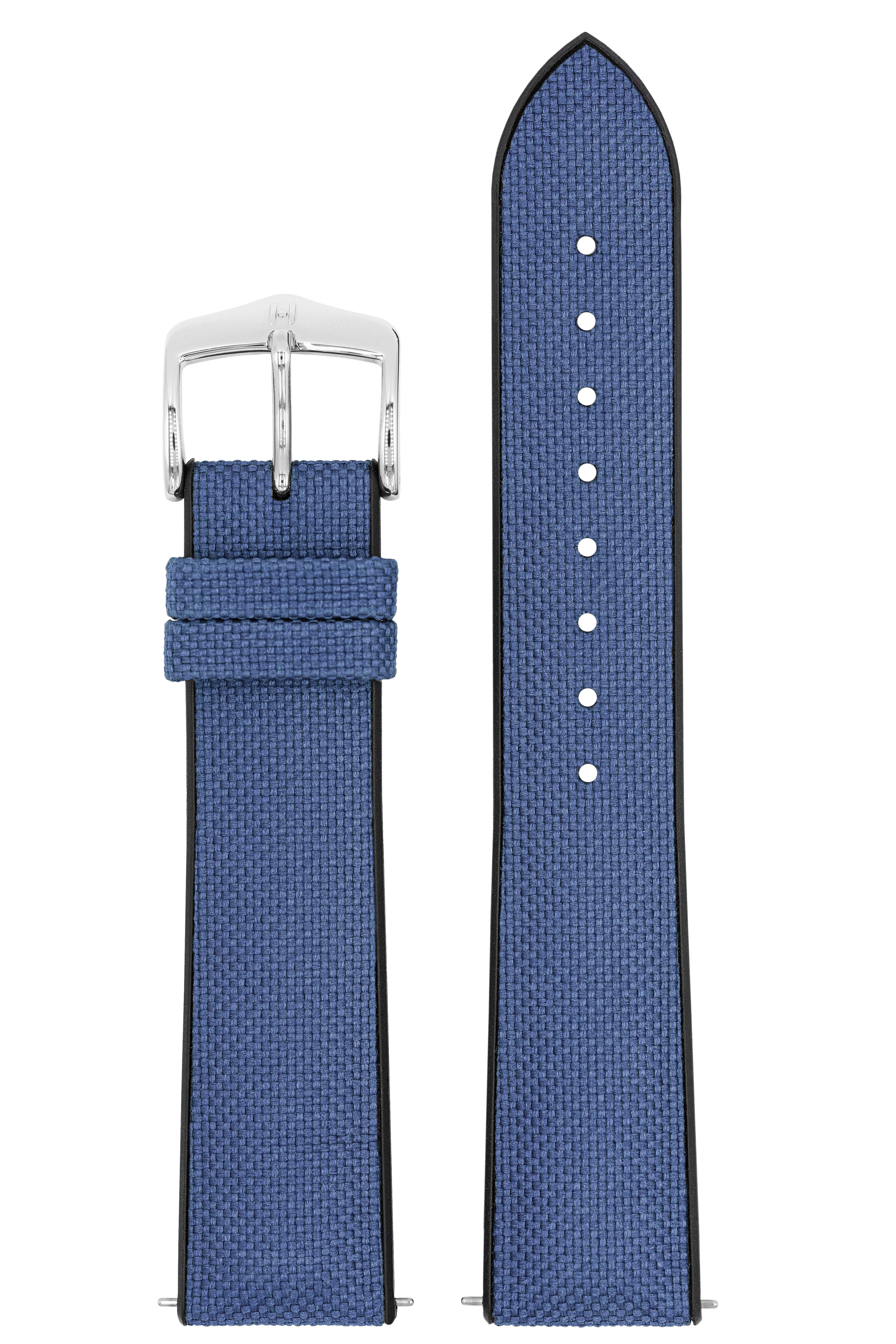 Blaues Uhrenarmband mit silberner Schnalle. Blaues stoffartiges Material und schwarze Kanten.