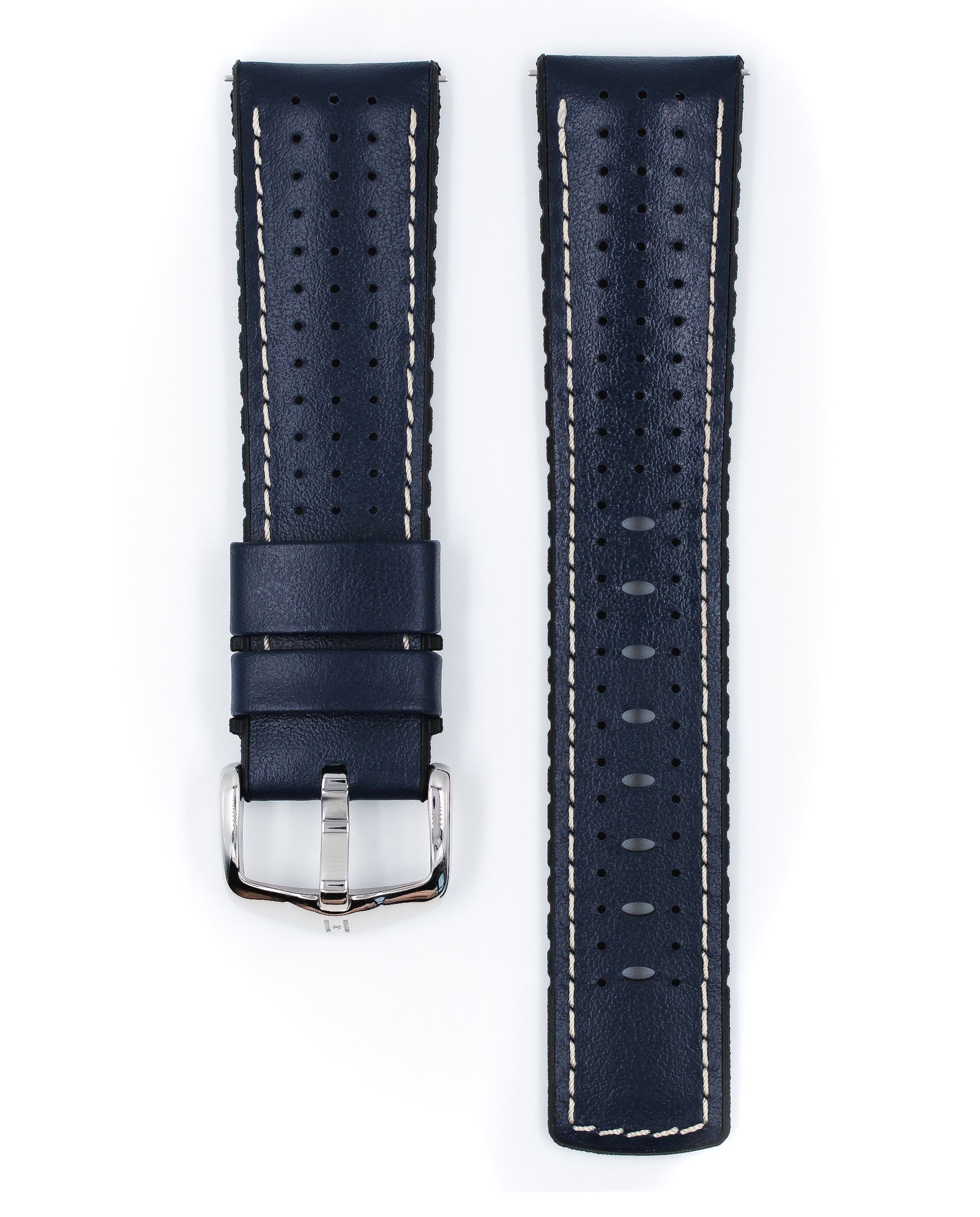 Blaues Uhrenarmband mit silberner Schnalle und weißen Nähten. Perforiertes Design.