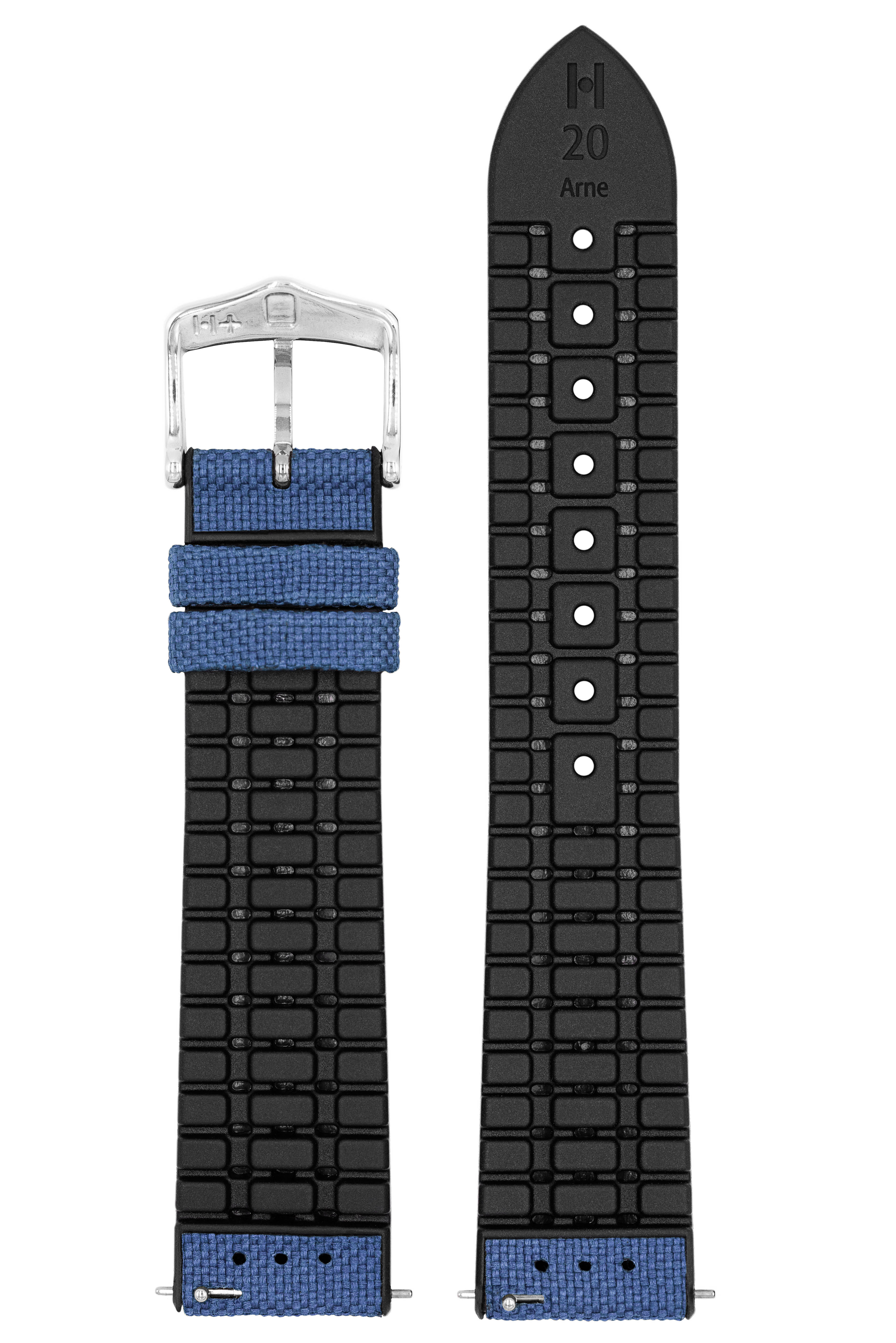 Blaues Uhrenarmband mit schwarzem strukturiertem Teil und silberner Schnalle.