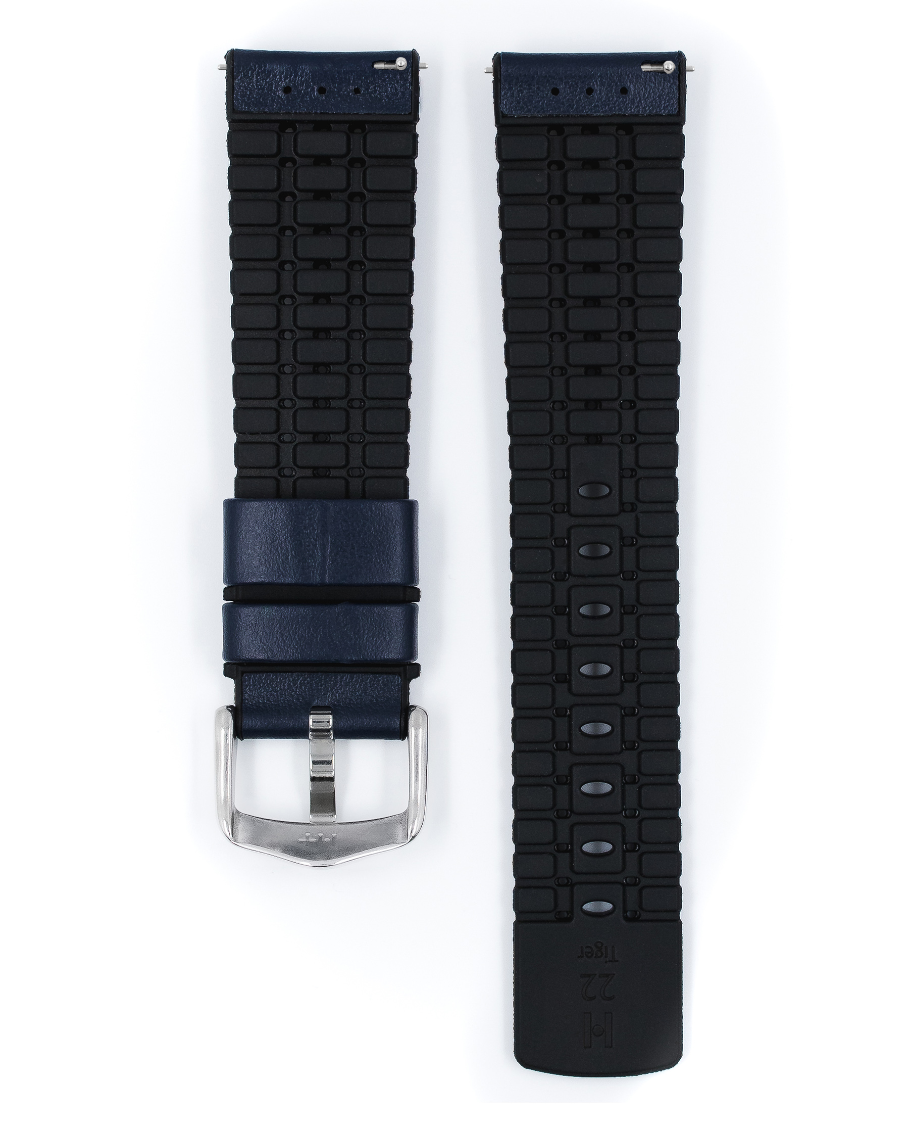 Blaues Uhrenarmband mit silberner Schnalle und schwarzem strukturierten Teil.