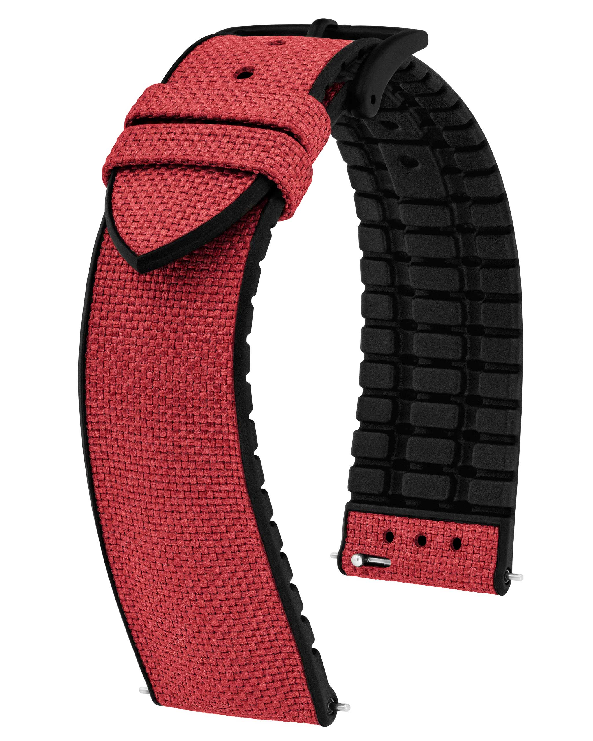 Rotes Uhrenarmband mit schwarzem strukturiertem Teil und schwarzer Schnalle.