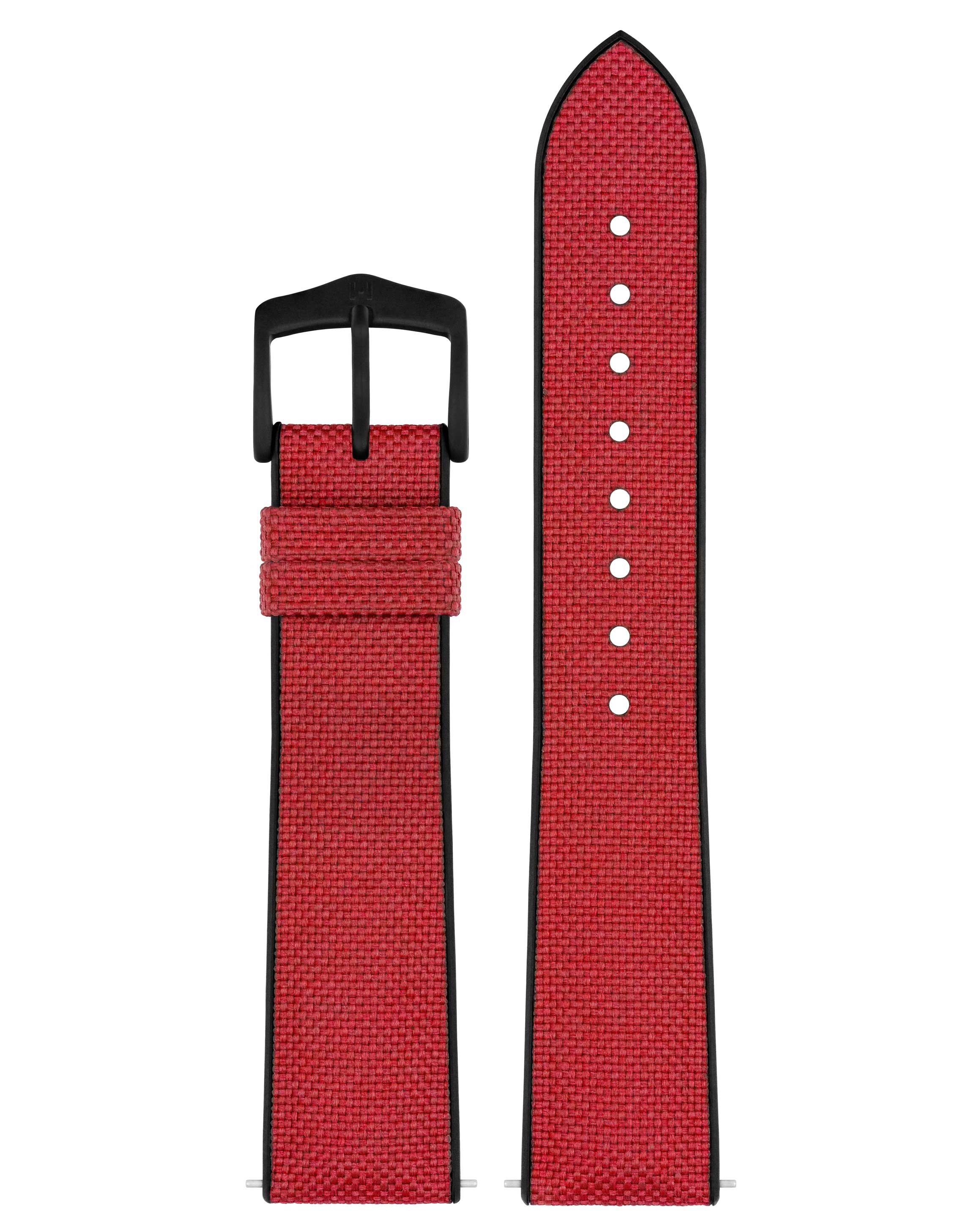 Rotes Uhrenarmband mit schwarzer Schnalle. Rotes stoffartiges Material und schwarze Kanten.