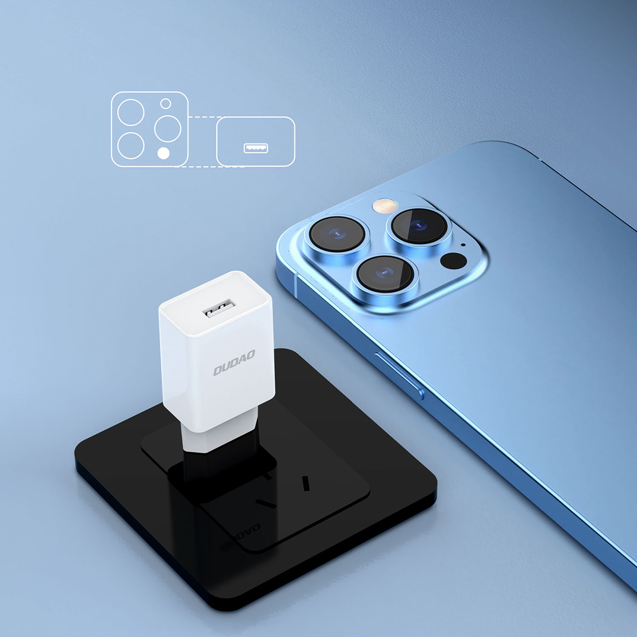 Biała ładowarka DUDOA na czarnym stojaku obok niebieskiego telefonu.