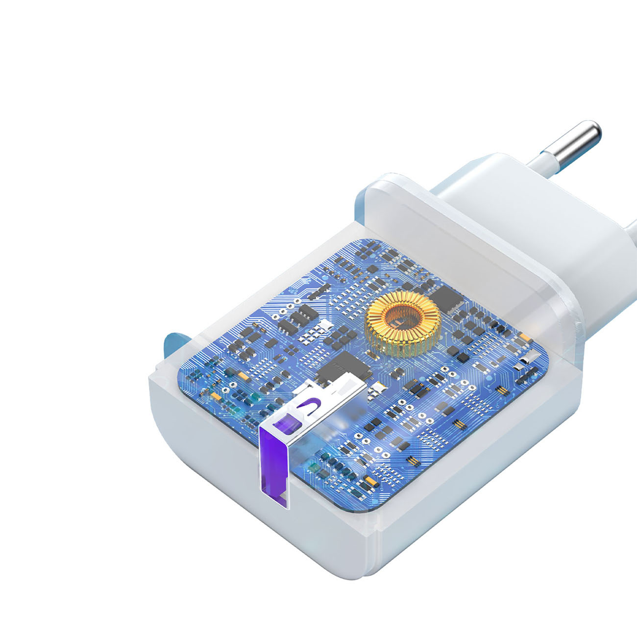 Zbliżenie białej ładowarki z przezroczystym widokiem na płytkę obwodu wewnątrz. Ma złoty element.