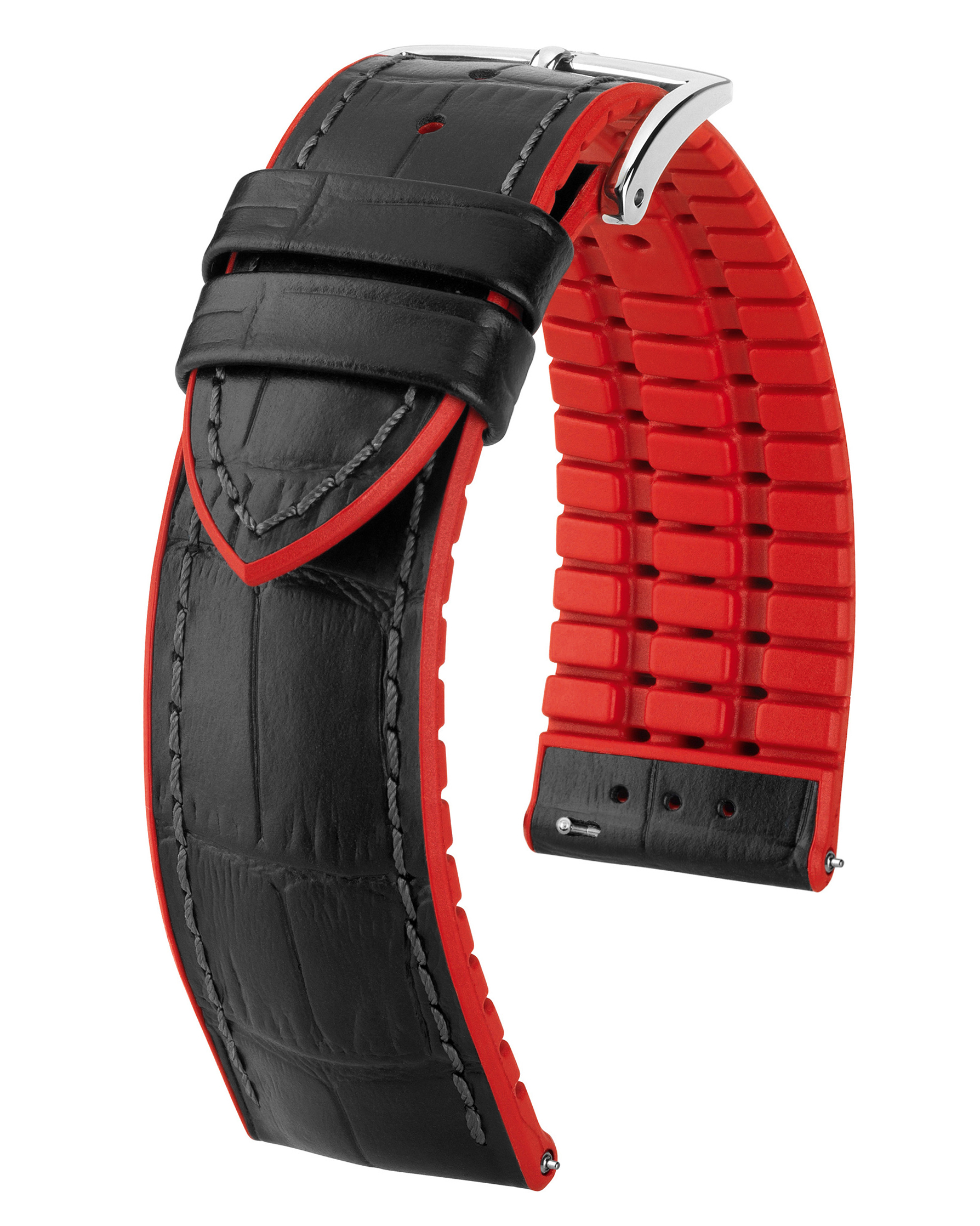 Ein schwarzes Uhrenarmband mit roter Innenfutter. Das Armband hat eine silberne Schnalle.