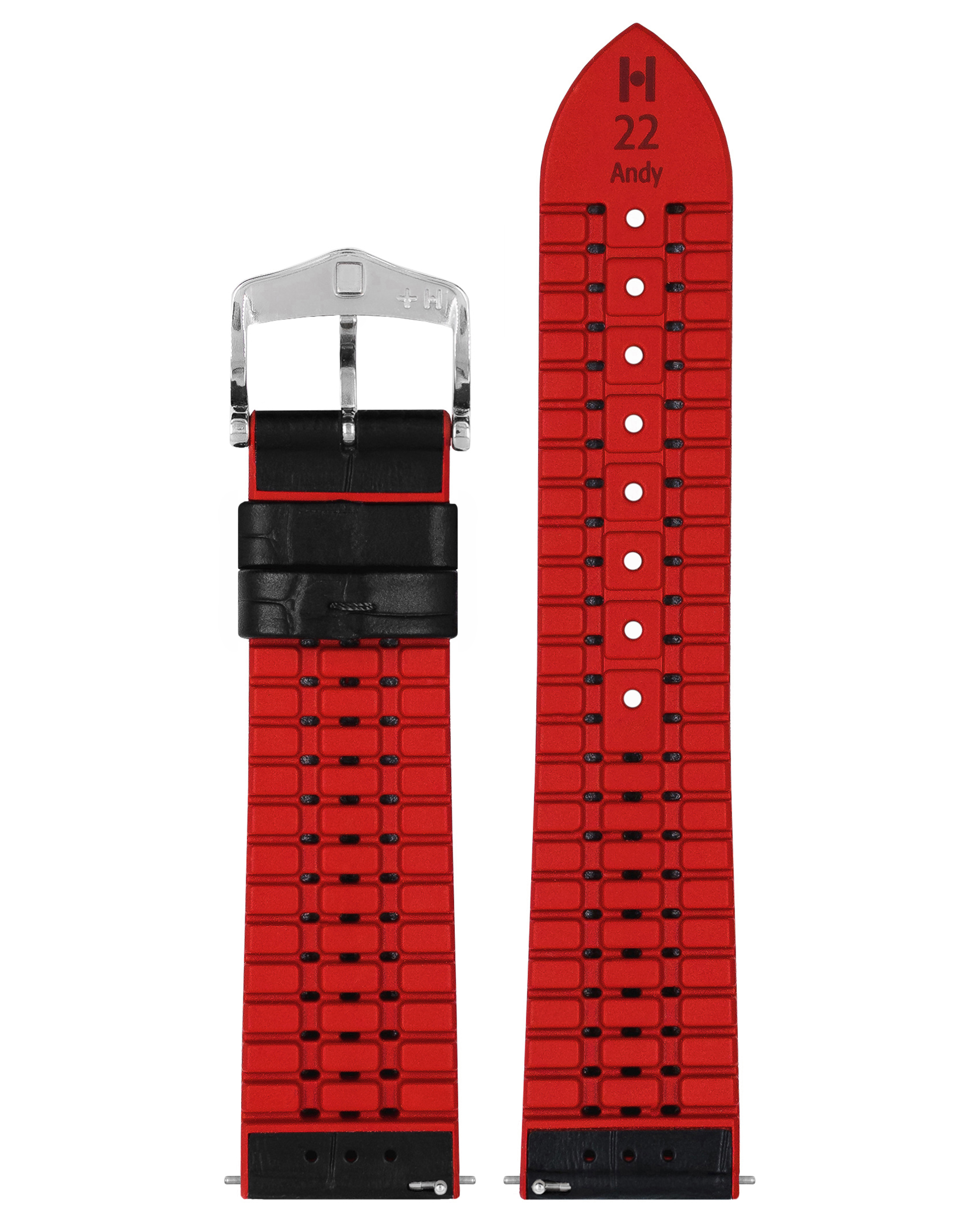 Zwei Uhrenarmbänder, rot und schwarz. Ein Armband ist mit 'Andy' beschriftet und hat eine silberne Schnalle.