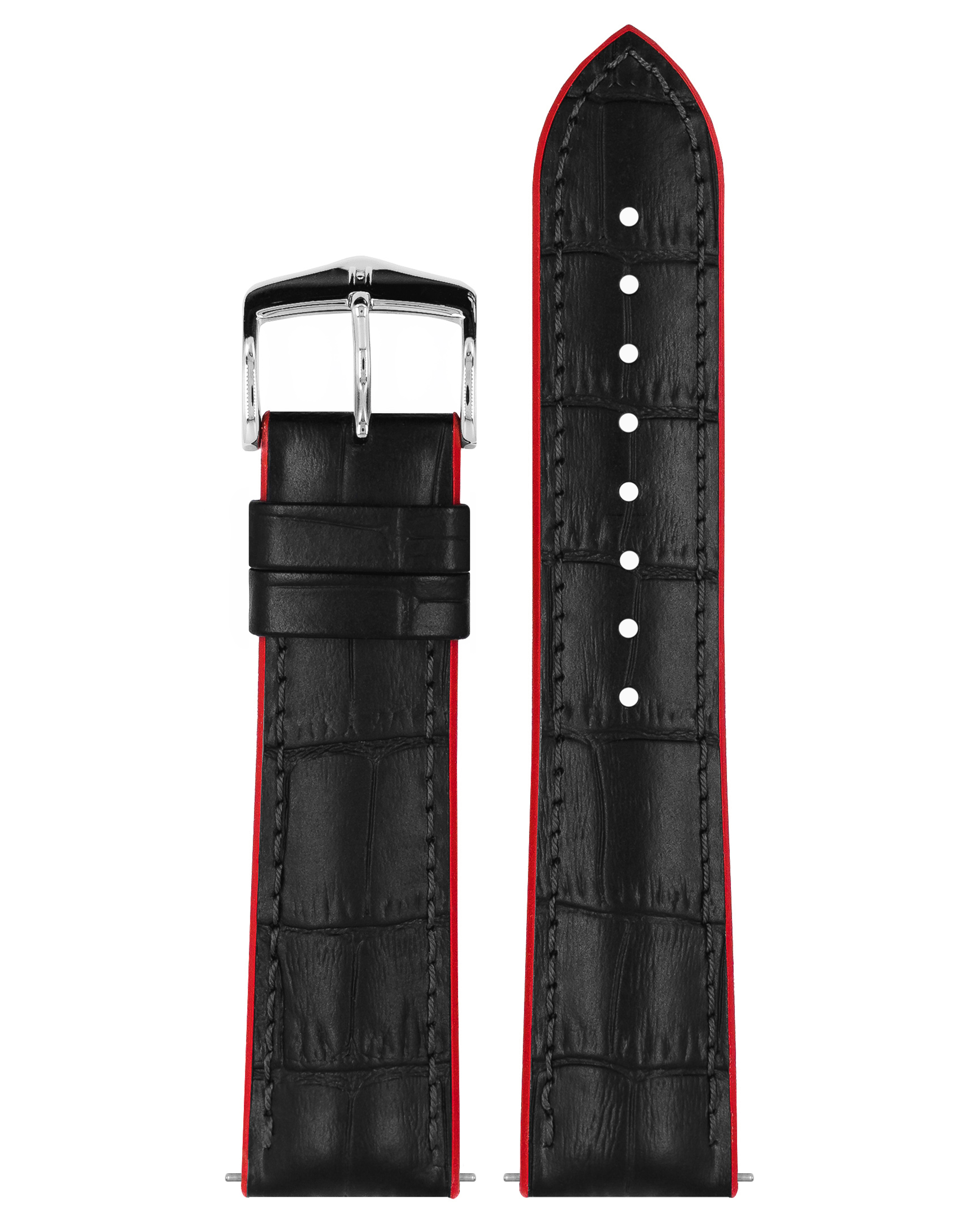Ein schwarzes Uhrenarmband mit roten Kanten und einer silbernen Schnalle. Das Armband ist neu und sauber.