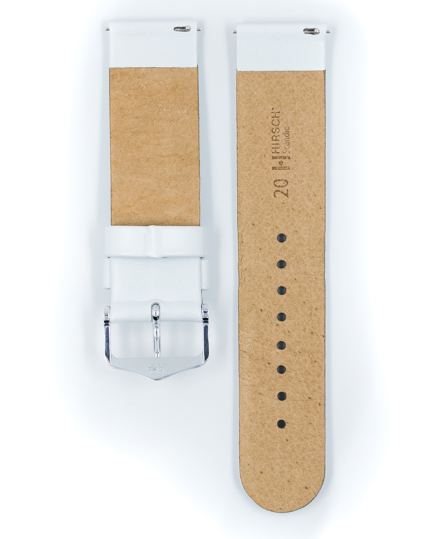 Zwei weiße Uhrenarmbänder mit einer silbernen Schnalle. Die Innenseite eines Armbands ist hellbraun.