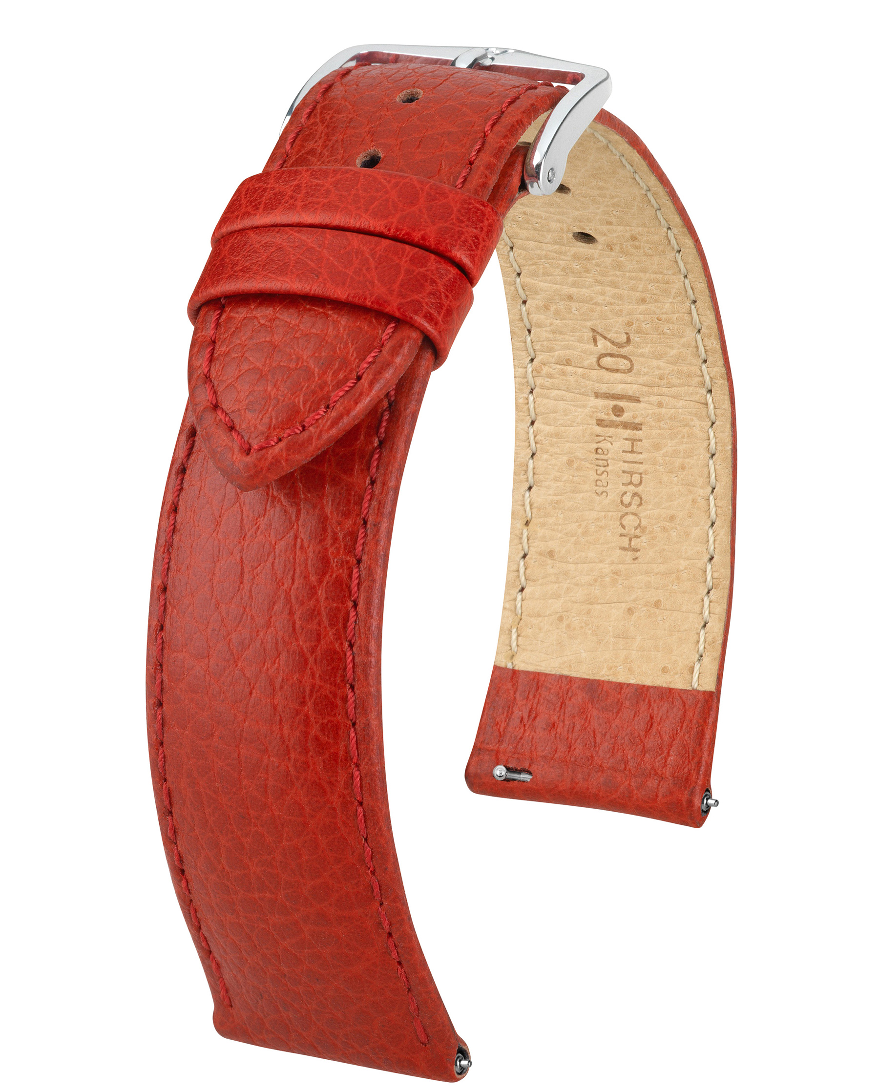 Rotes Leder-Uhrenarmband. Metallschnalle und Nähte. Hellbraune Unterseite.