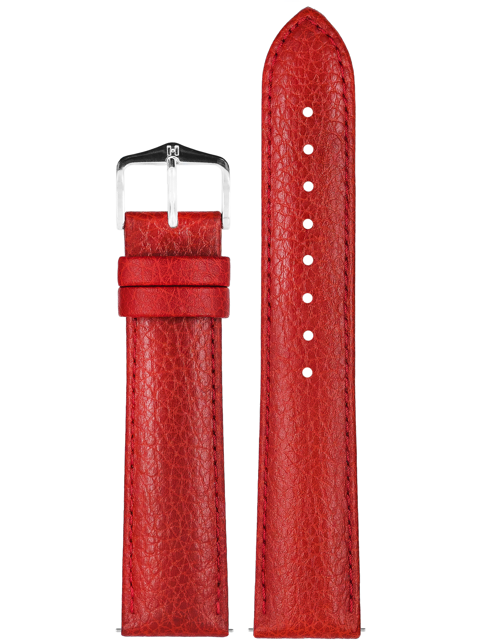 Rotes Leder-Uhrenarmband. Metallverschluss und Nähte. Strukturiertes Leder.