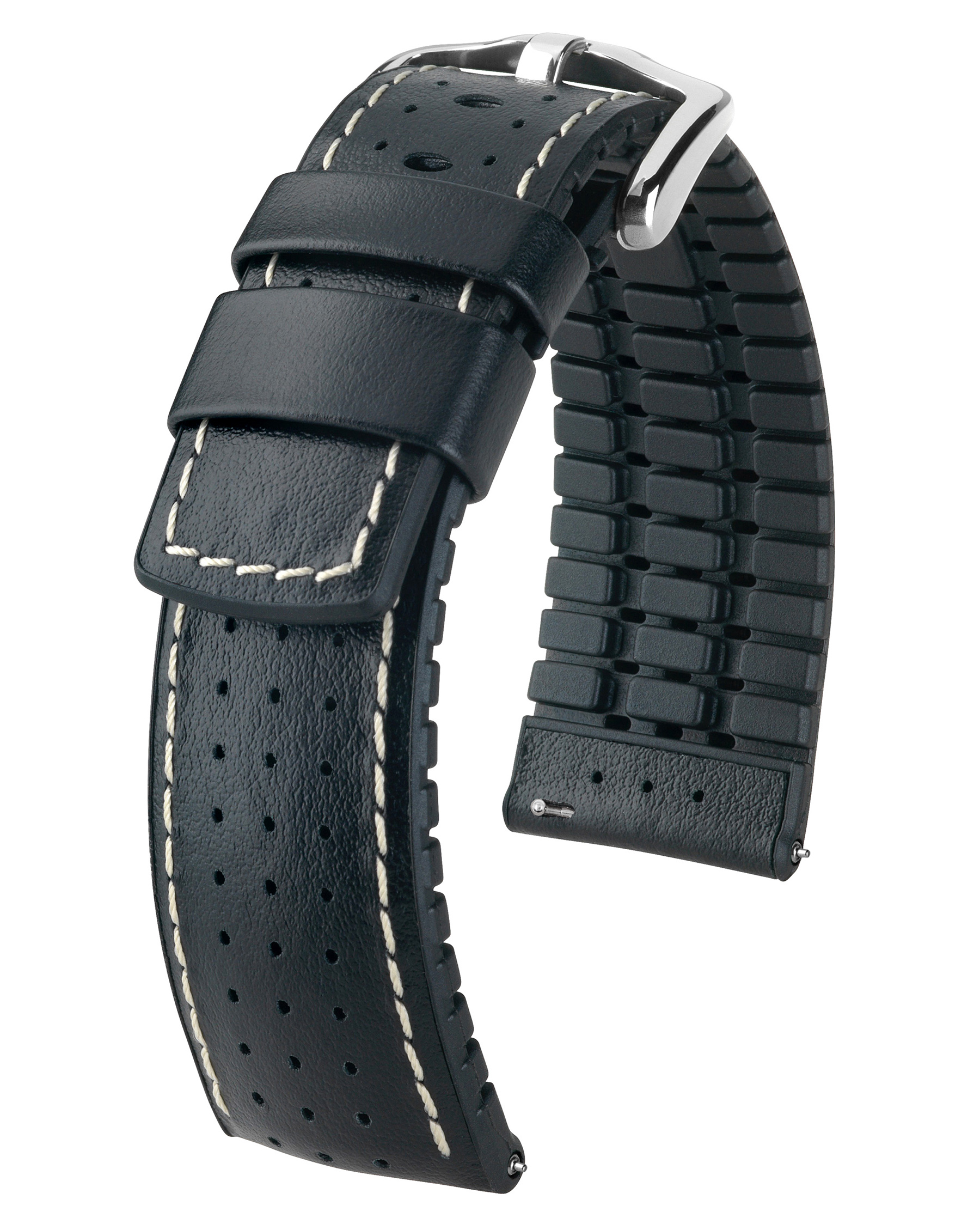 Schwarzes Leder- und Gummi-Uhrenarmband. Weiße Nähte. Metallschnalle.
