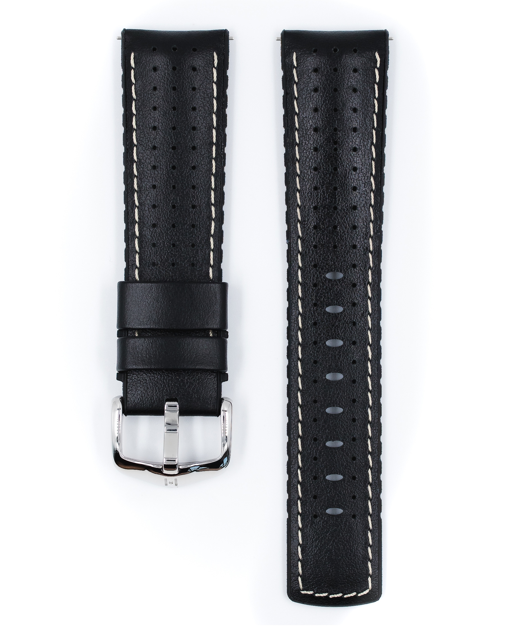 Schwarzes Leder-Uhrenarmband. Weiße Nähte und Perforationen. Metallschnalle.