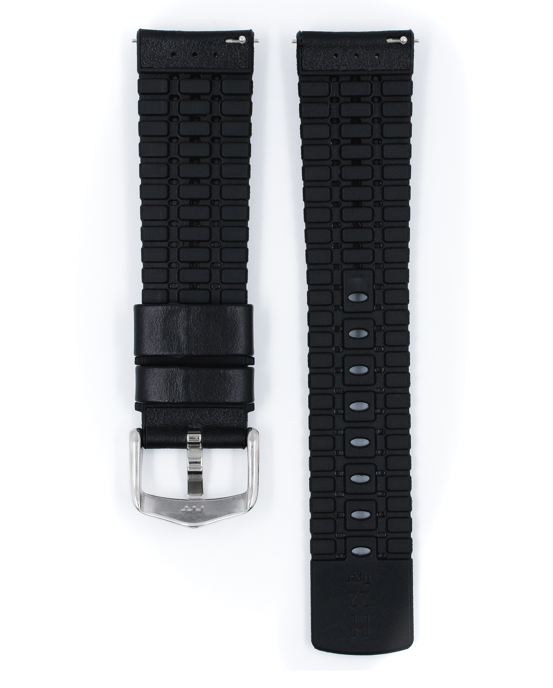 Schwarzes Gummi-Uhrenarmband. Metallschnalle. Strukturierte Oberfläche. Zwei Teile.