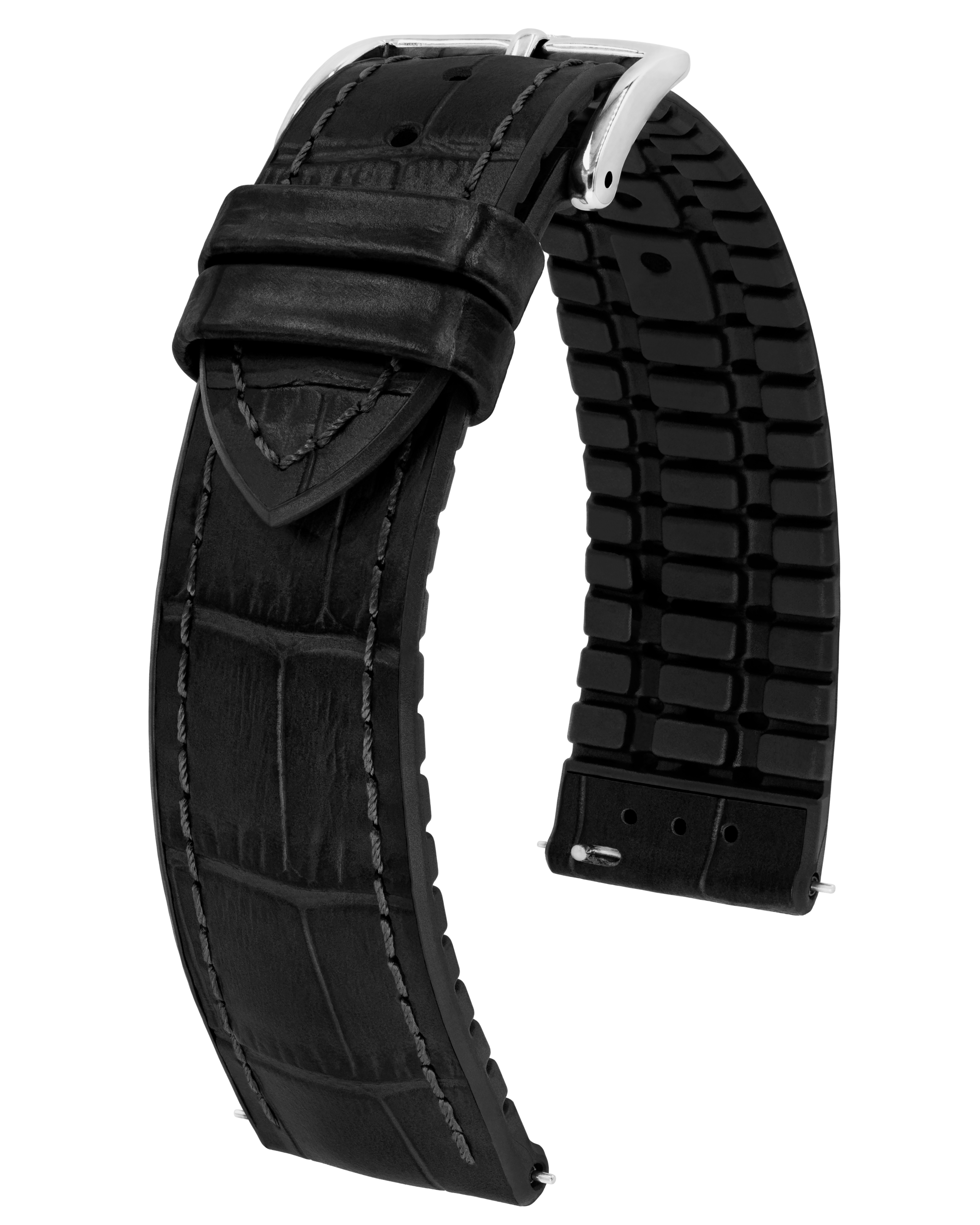 Schwarzes Leder-Uhrenarmband mit Alligator-Muster. Metallschnalle und Gummi-Rückseite.