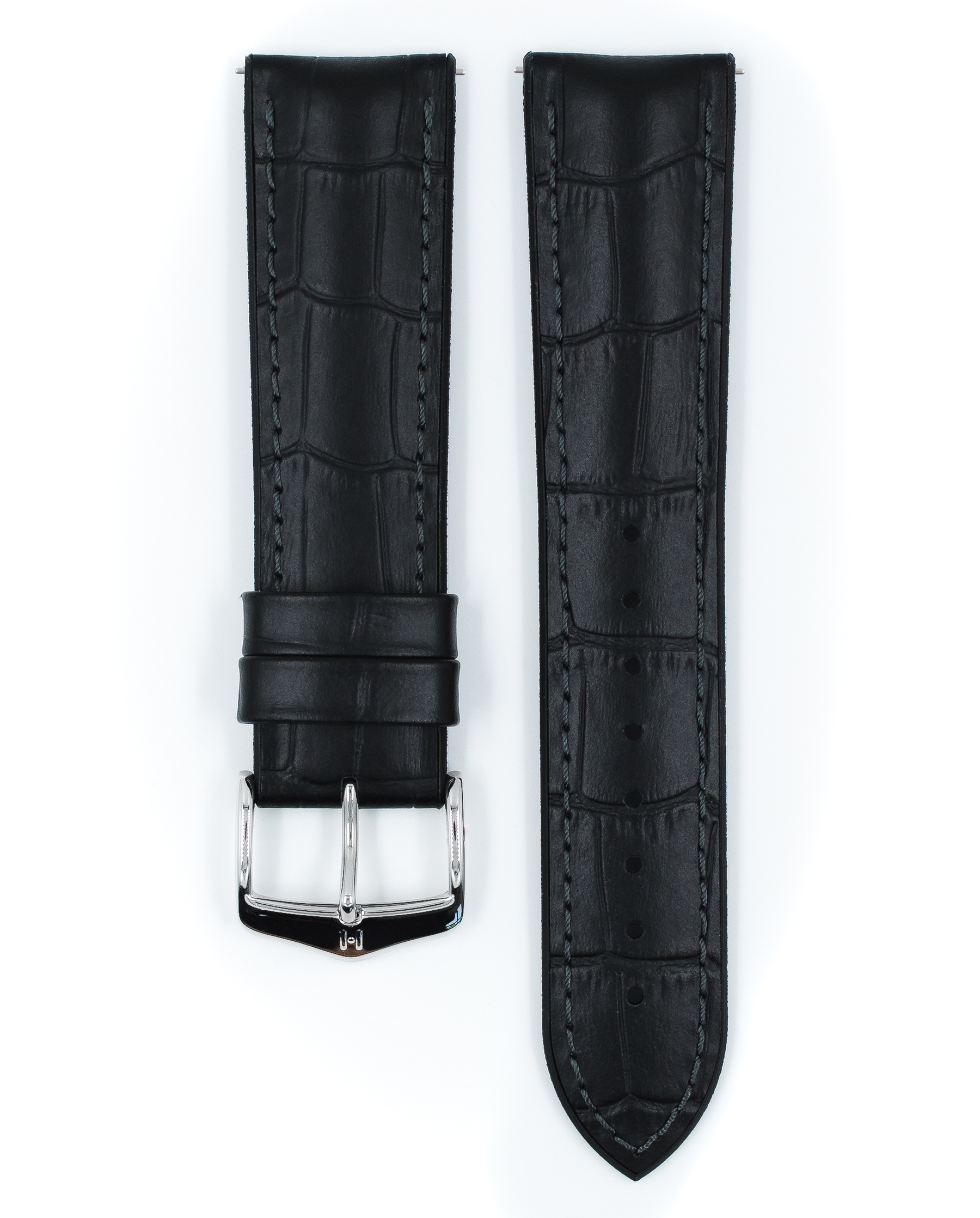 Schwarzes Leder-Uhrenarmband mit Alligator-Textur. Metallschnalle und Nähte. Zwei Teile.