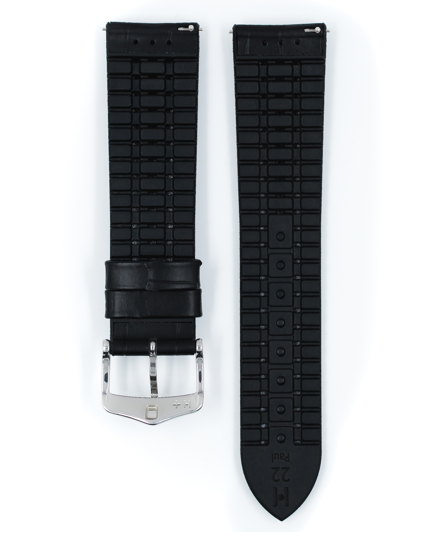 Schwarzes Uhrenarmband. Gummi mit Alligator-Muster. Metallschnalle. Zwei Teile.