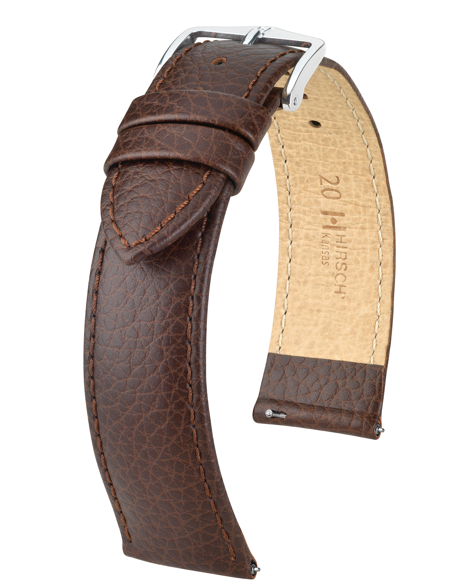 Braunes Leder-Uhrenarmband. Metallschnalle und Nähte. Hellbraune Unterseite.