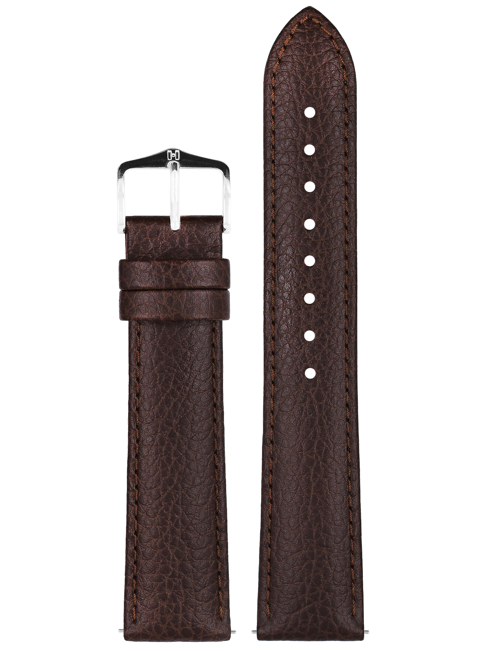 Braunes Leder-Uhrenarmband. Metallschnalle und Nähte. Strukturiertes Leder.
