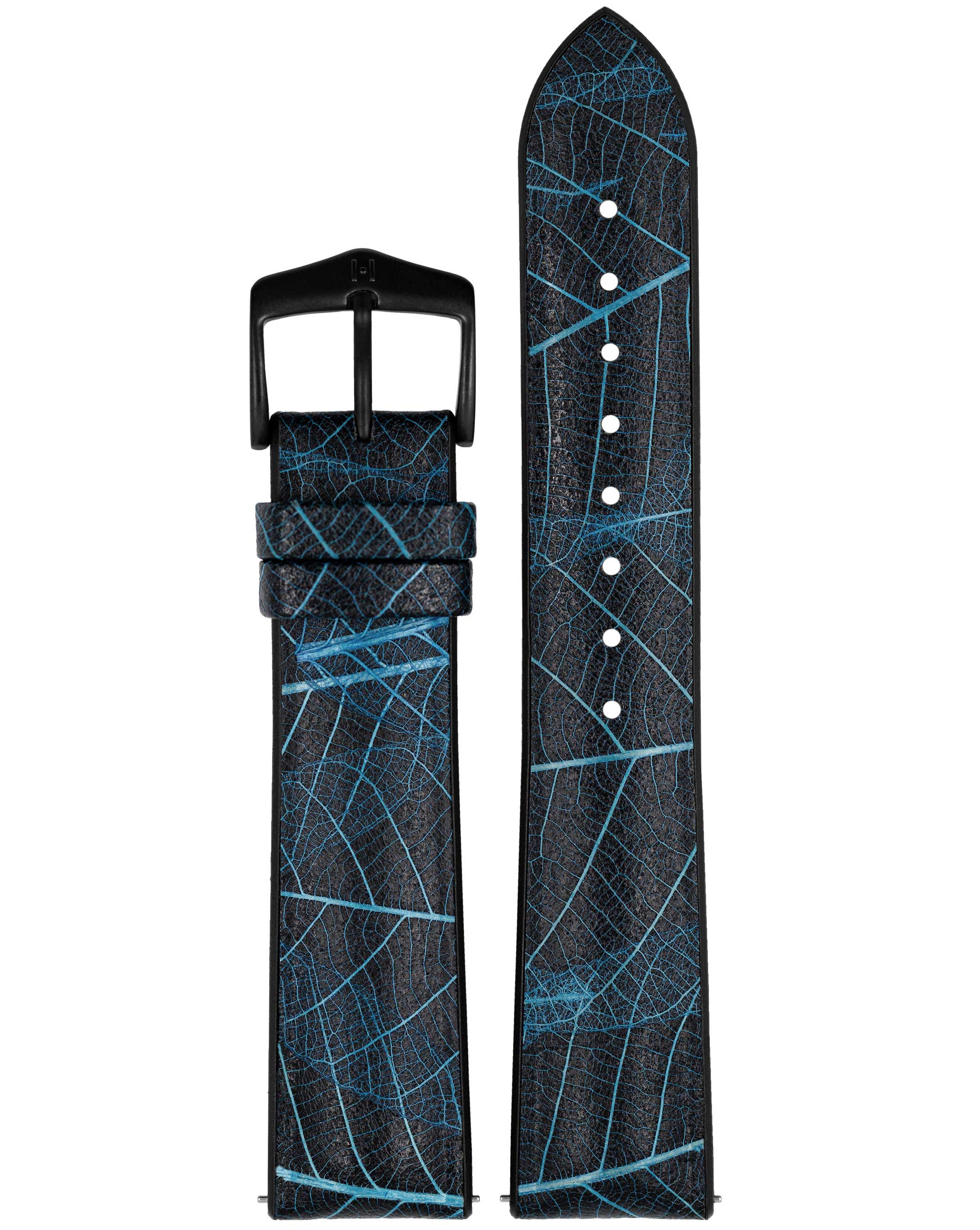 Schwarz-blaues Uhrenarmband mit Blattmuster. Schwarze Schnalle. Zwei Teile.