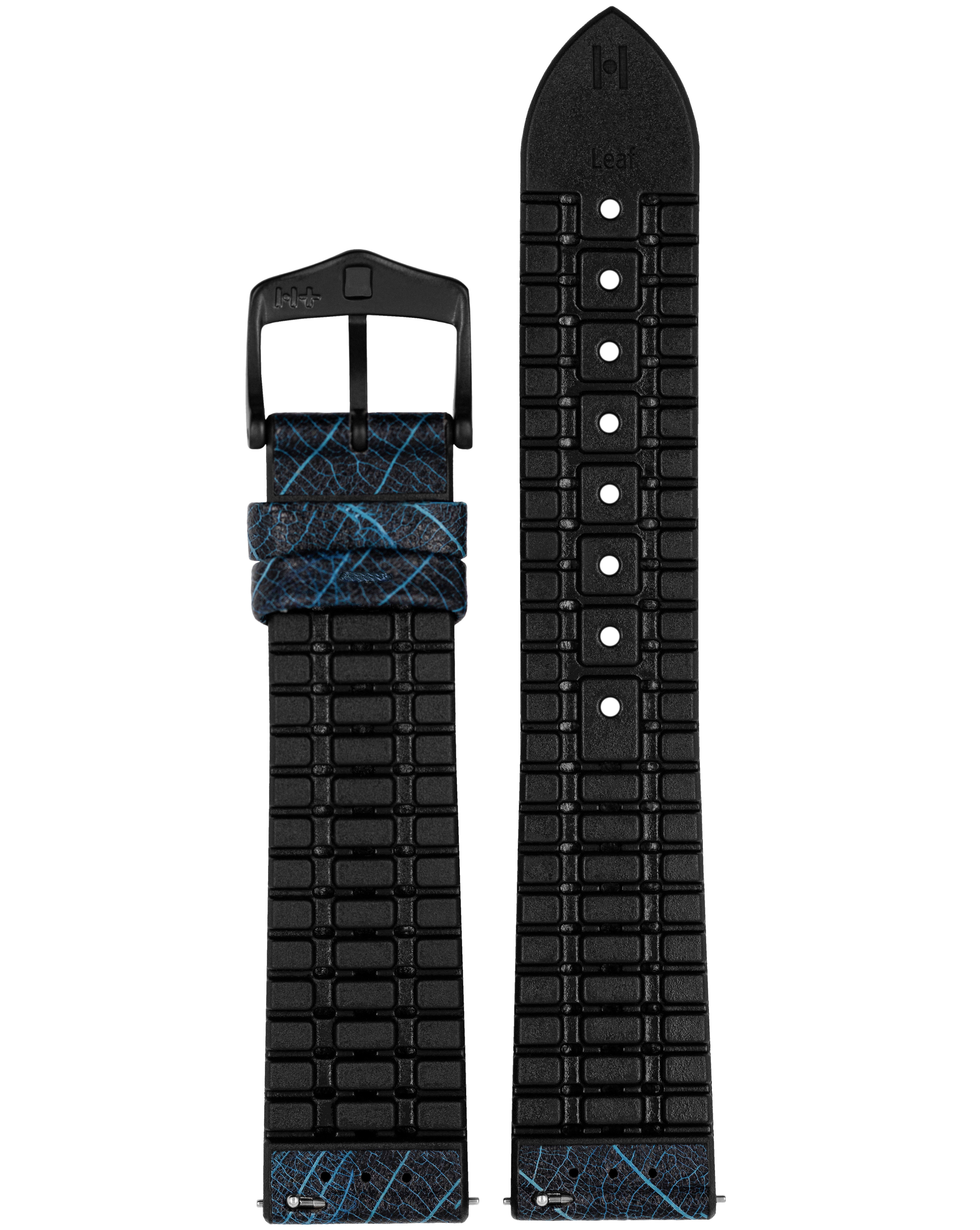 Schwarz-blaues Uhrenarmband mit Blattmuster. Schwarze Schnalle und Gummitextur.
