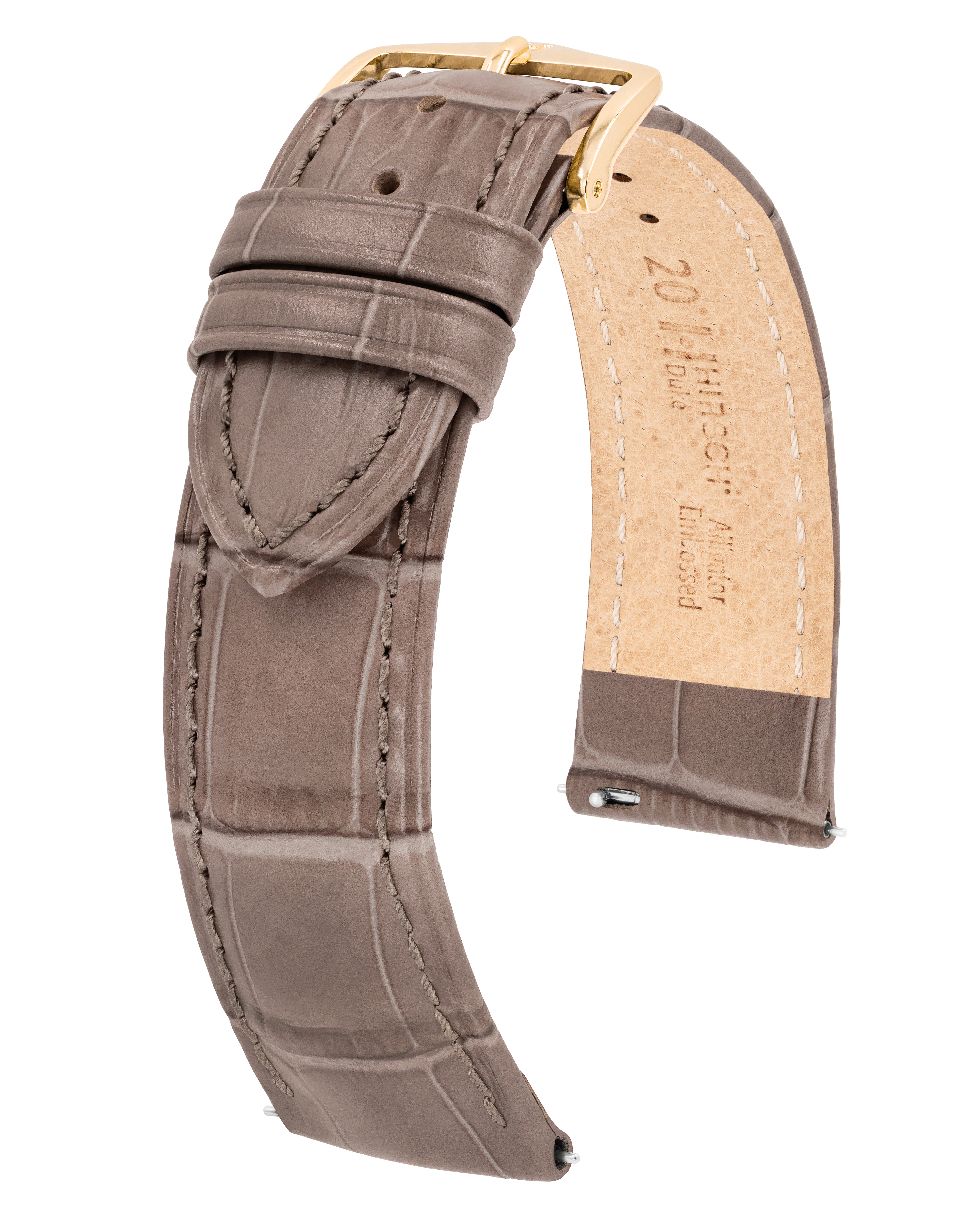 Ein hellbraunes Lederarmband mit goldener Schnalle. Das Armband hat ein Krokodilmuster.