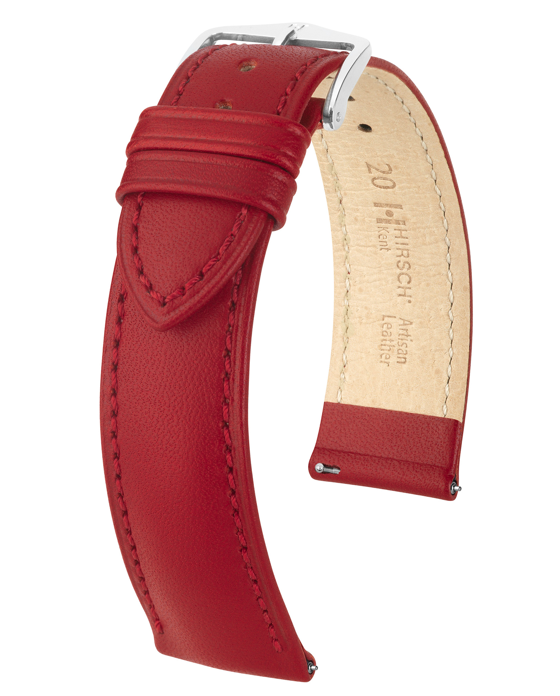 Ein rotes Lederarmband mit silberner Schnalle. Das Armband hat eine glatte Textur.