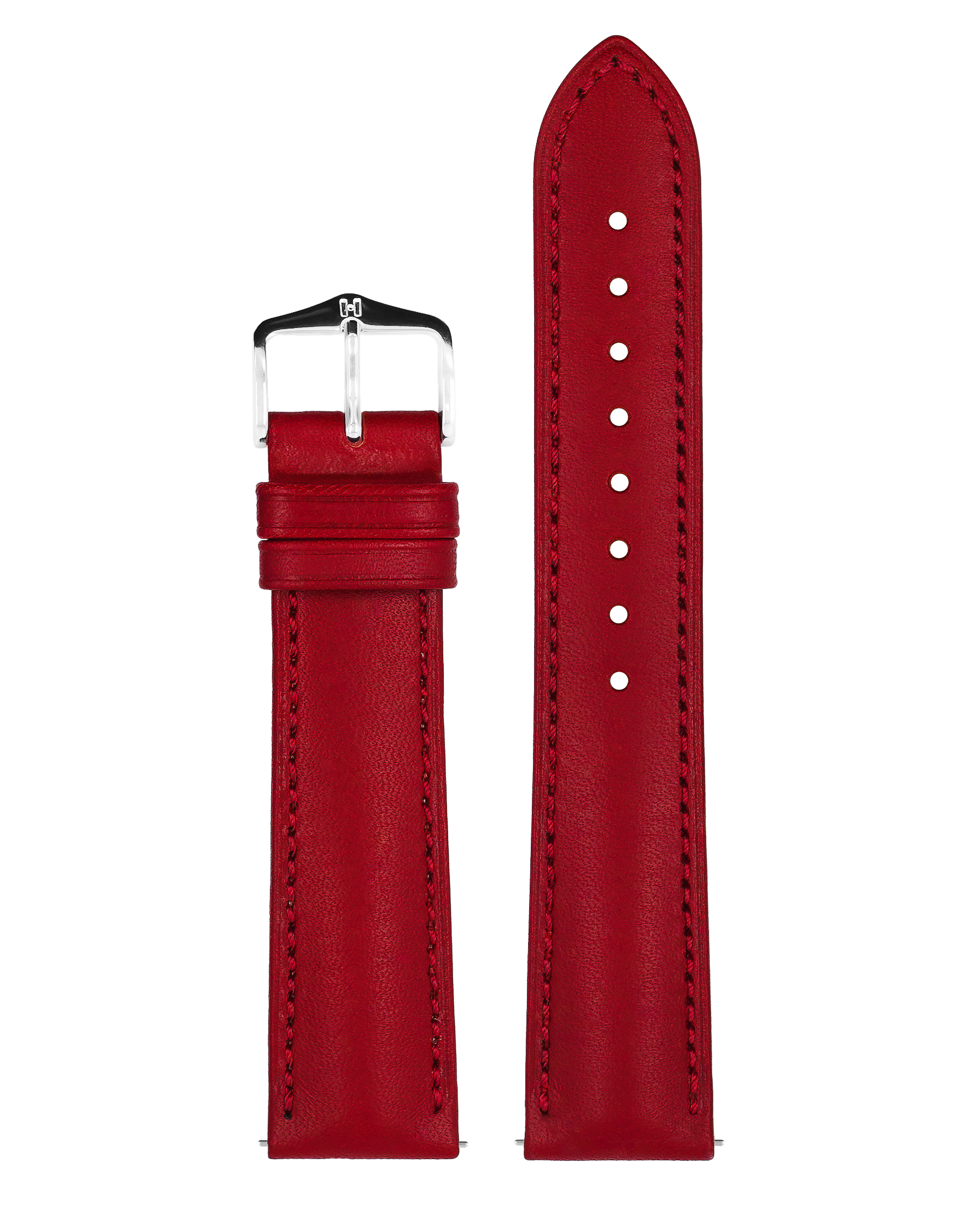 Ein rotes Lederarmband mit silberner Schnalle. Das Armband hat eine glatte Textur.