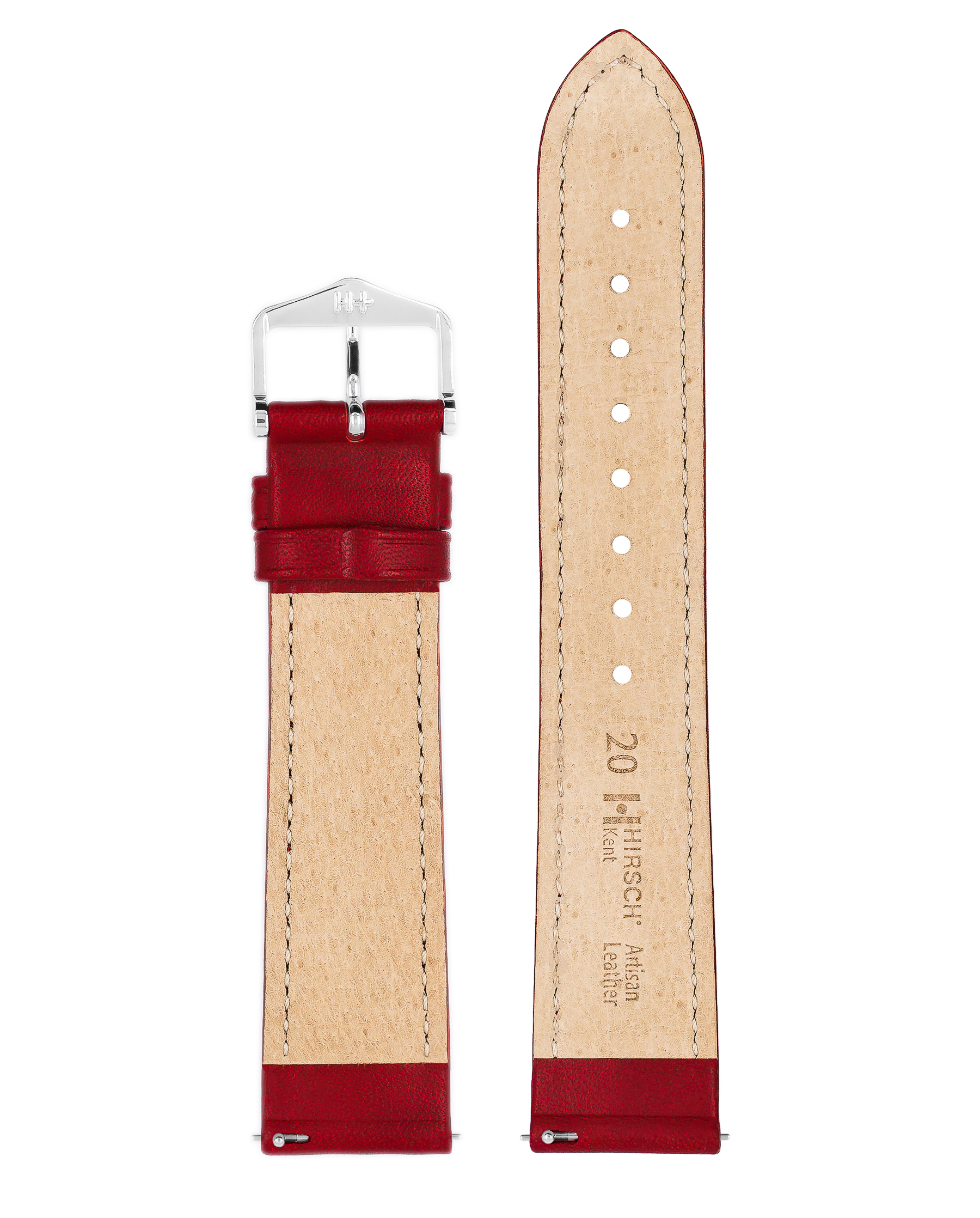 Ein rotes Lederarmband mit silberner Schnalle. Das Armband hat eine glatte Textur.
