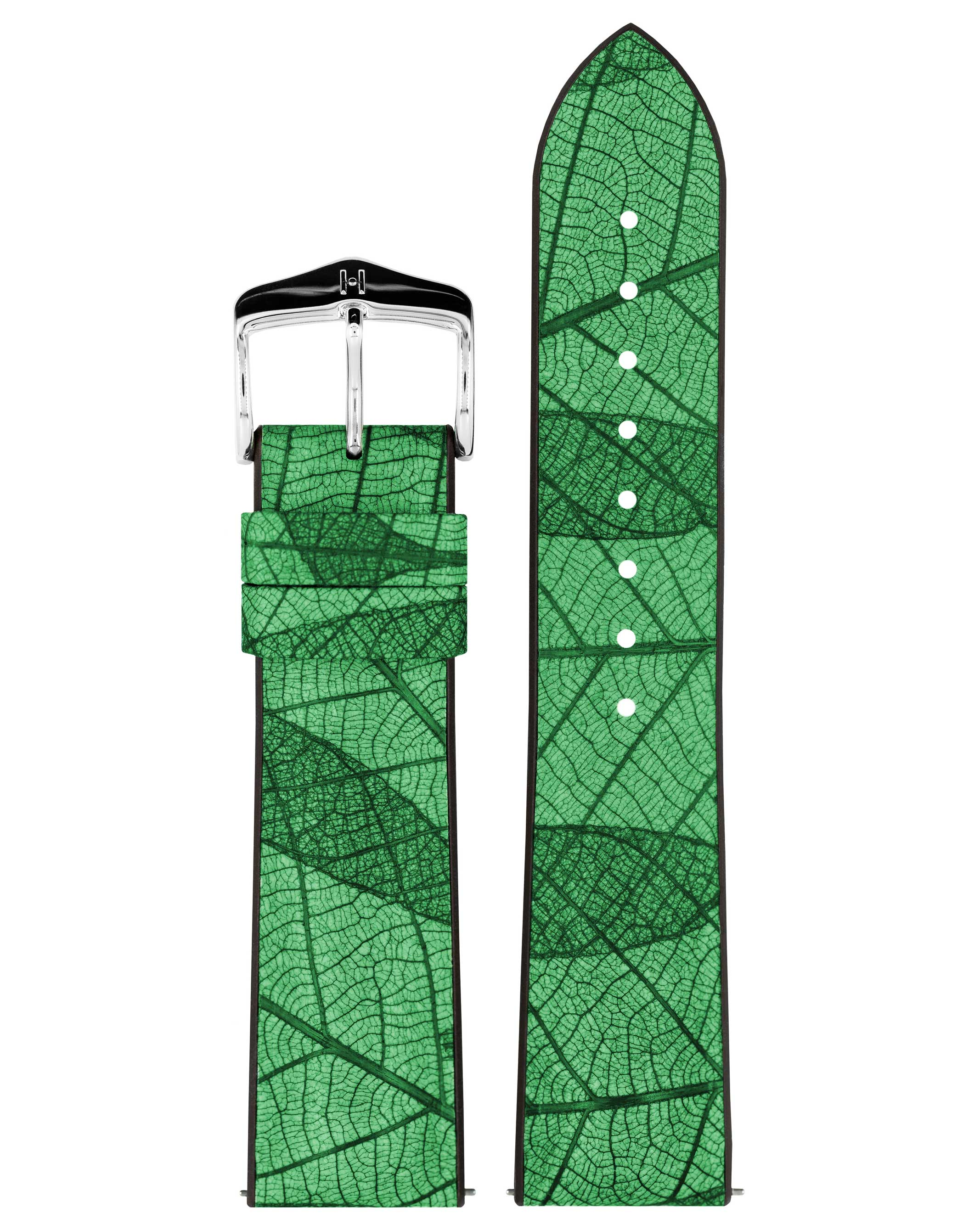 Ein grünes Uhrenarmband mit Blättermuster. Das Armband hat eine silberne Schnalle.