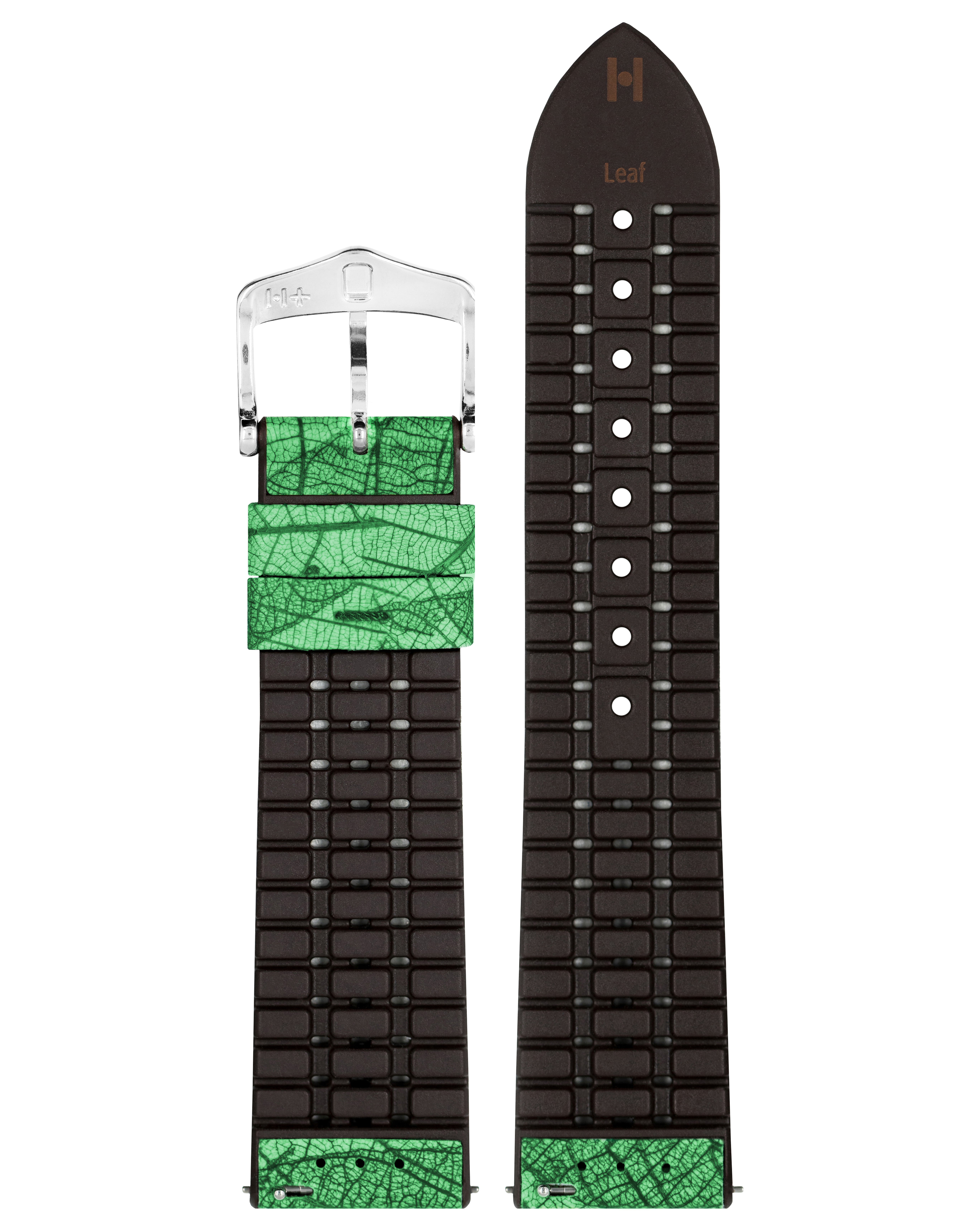 Ein grünes Uhrenarmband mit Blättermuster auf der Vorderseite und braunem Gummi auf der Rückseite.