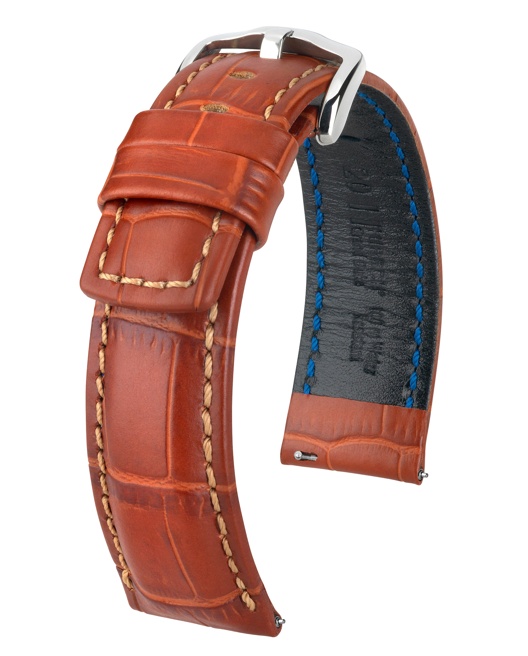 Ein braunes Lederarmband mit silberner Schnalle. Das Armband hat ein Krokodilmuster.