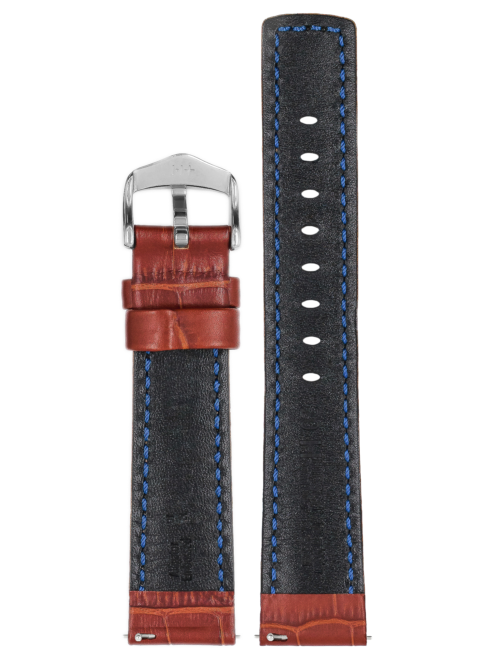 Ein braunes Lederarmband mit silberner Schnalle. Das Armband hat ein Krokodilmuster.