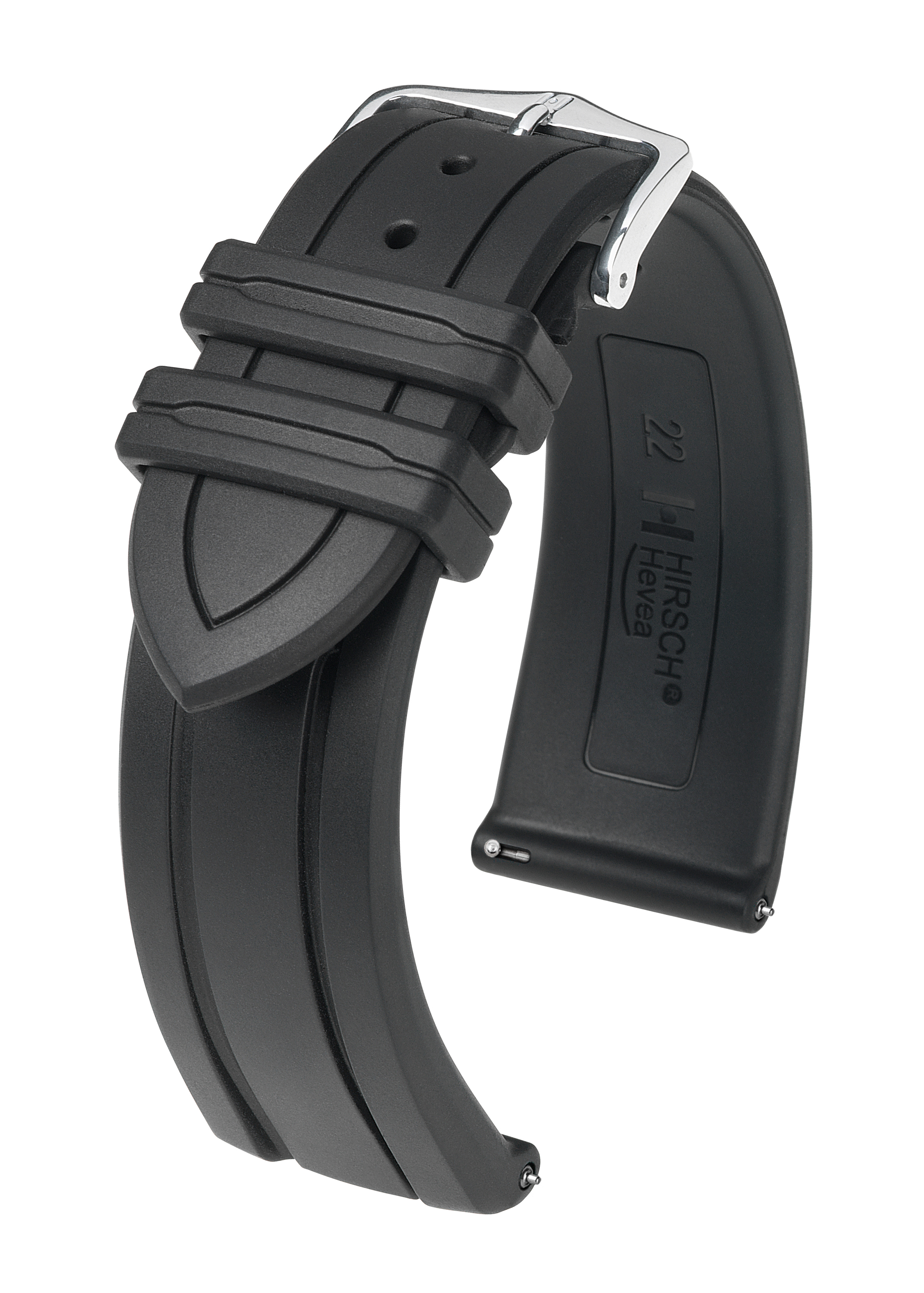 Ein schwarzes Kautschuk-Uhrenarmband mit silberner Schnalle. Das Armband hat eine gerippte Textur.