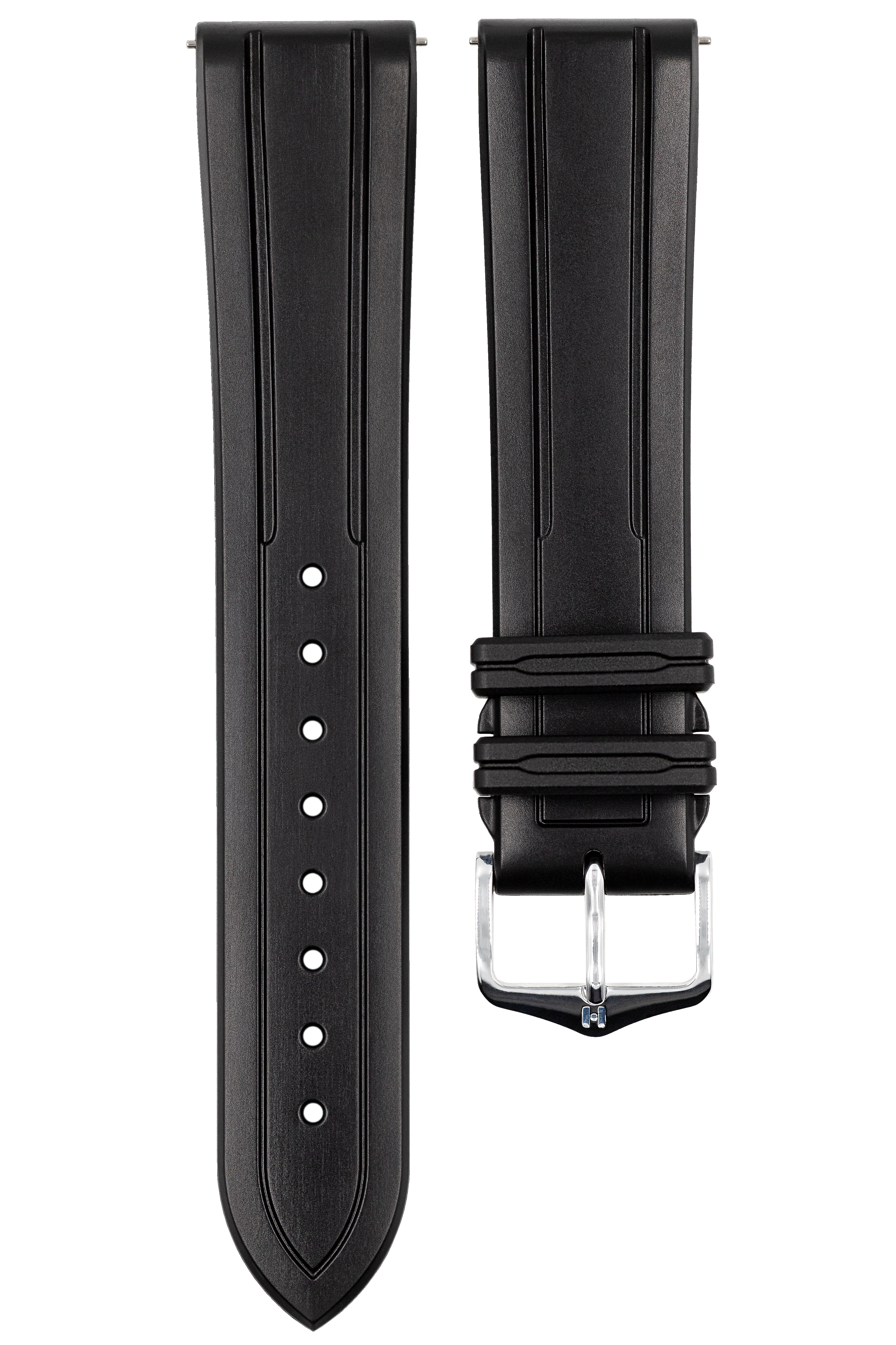 Ein schwarzes Kautschuk-Uhrenarmband mit silberner Schnalle. Das Armband ist schlicht.