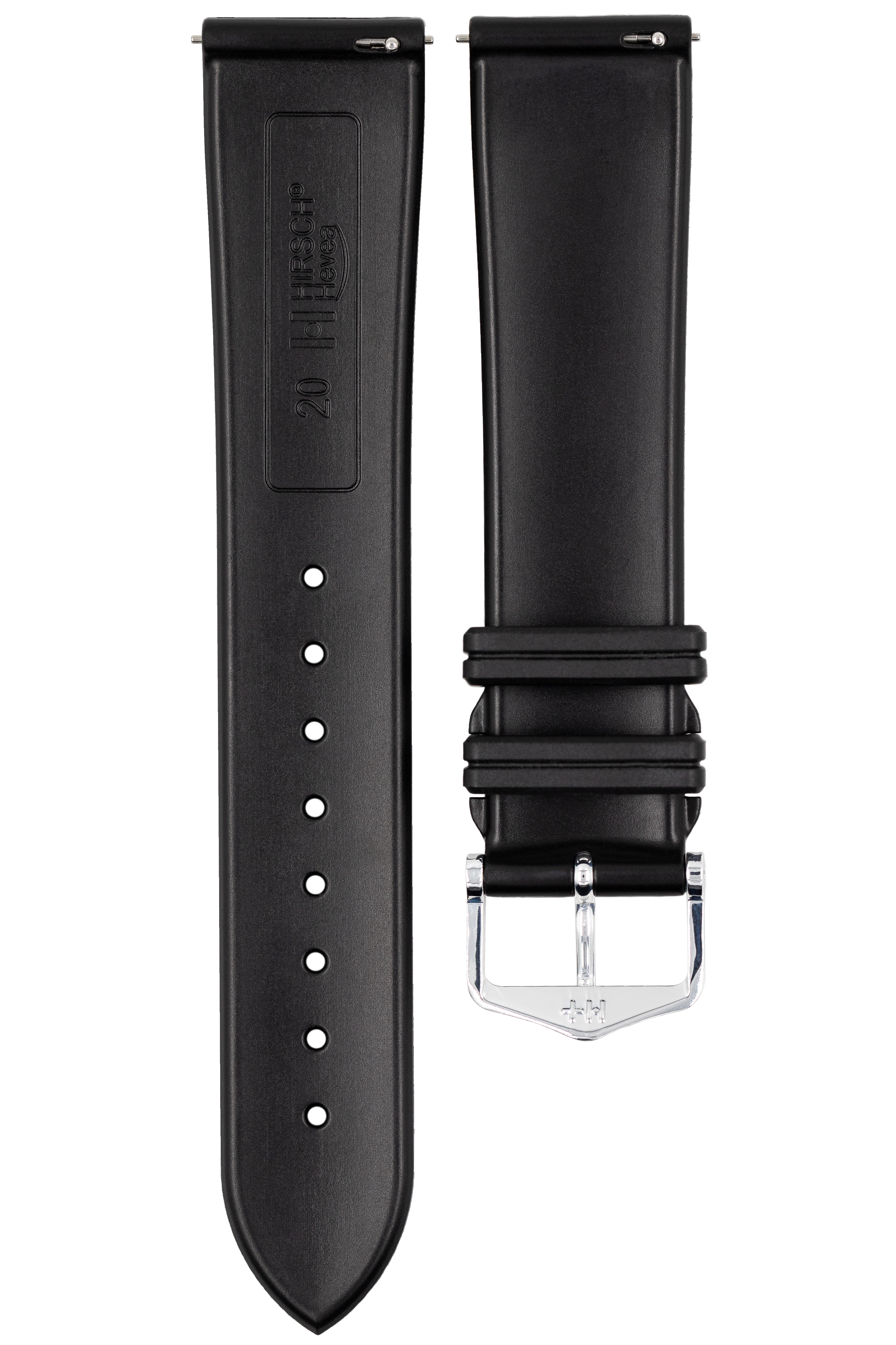 Ein schwarzes Kautschuk-Uhrenarmband mit silberner Schnalle. Das Armband ist schlicht.