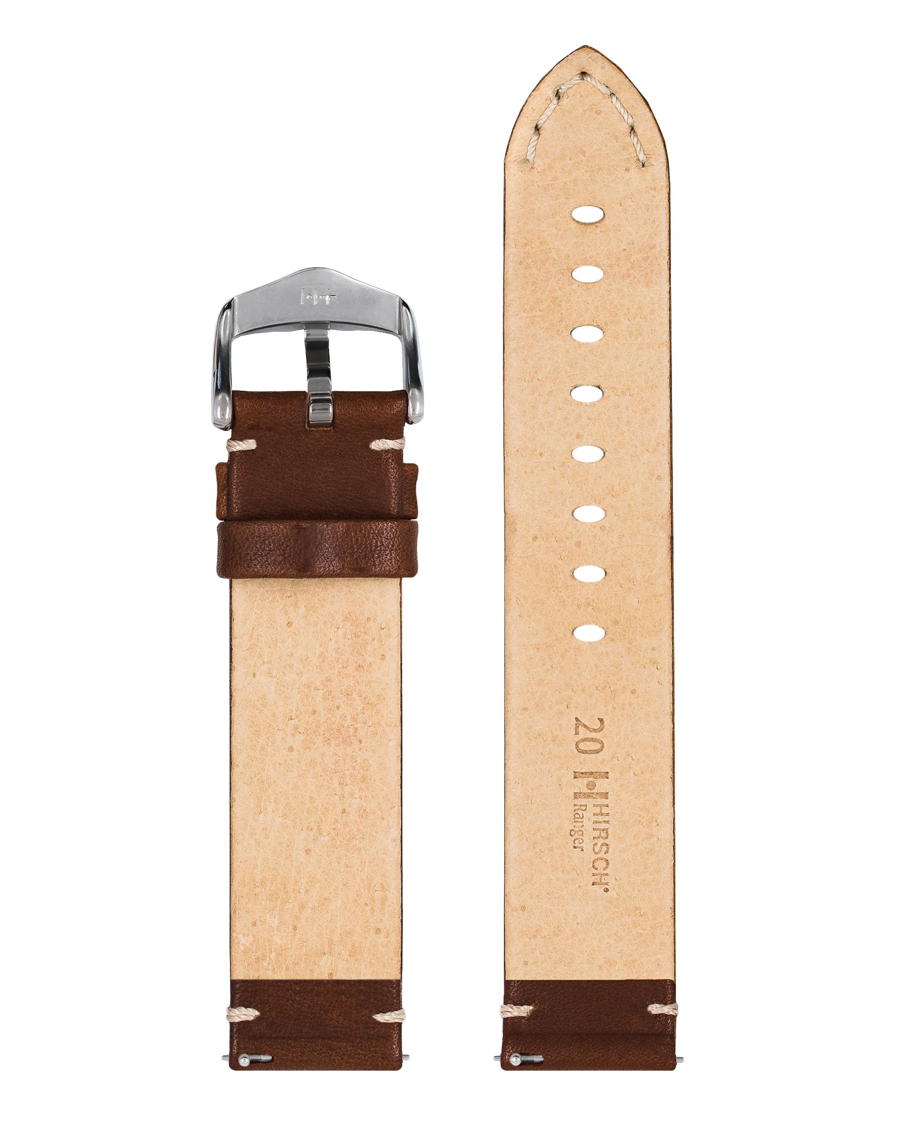 Braunes Leder-Uhrenarmband mit weißen Nähten und silberner Schnalle, auf weißem Hintergrund.
