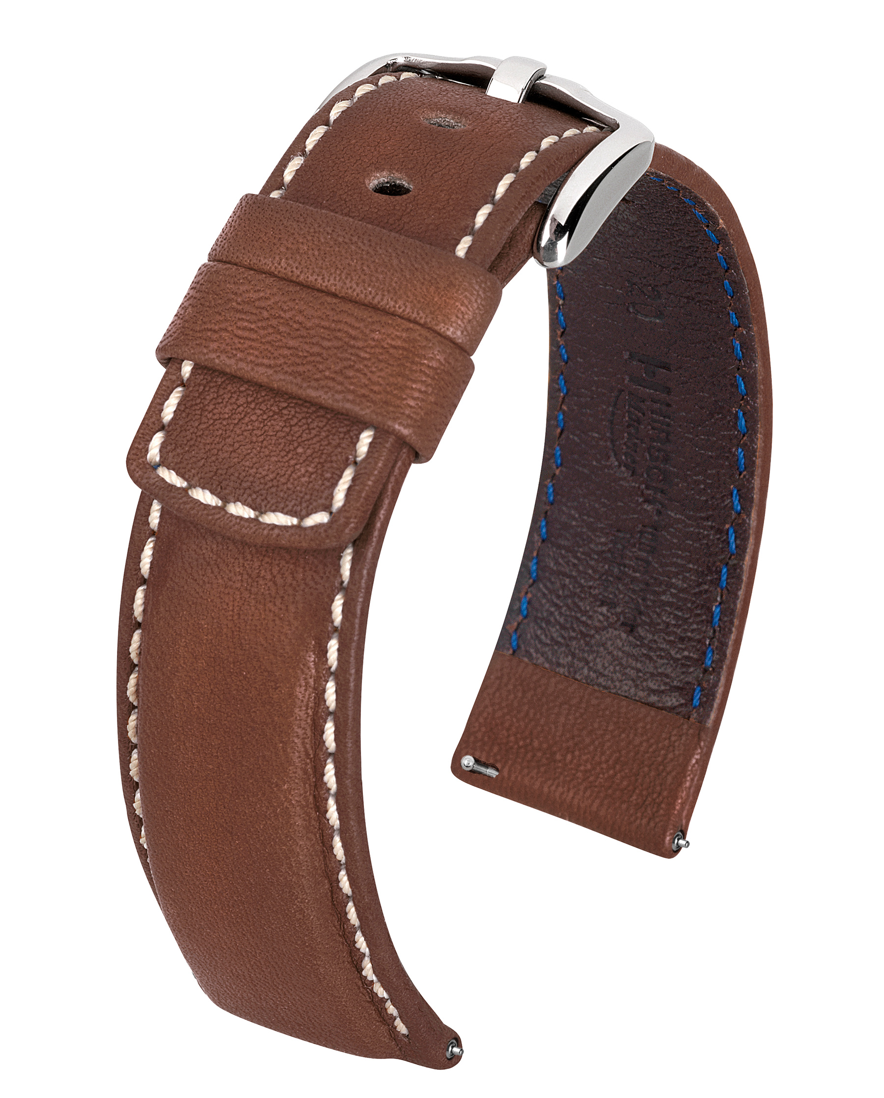 Braunes Leder-Uhrenarmband mit weißen Nähten und silberner Schnalle, auf Weiß.