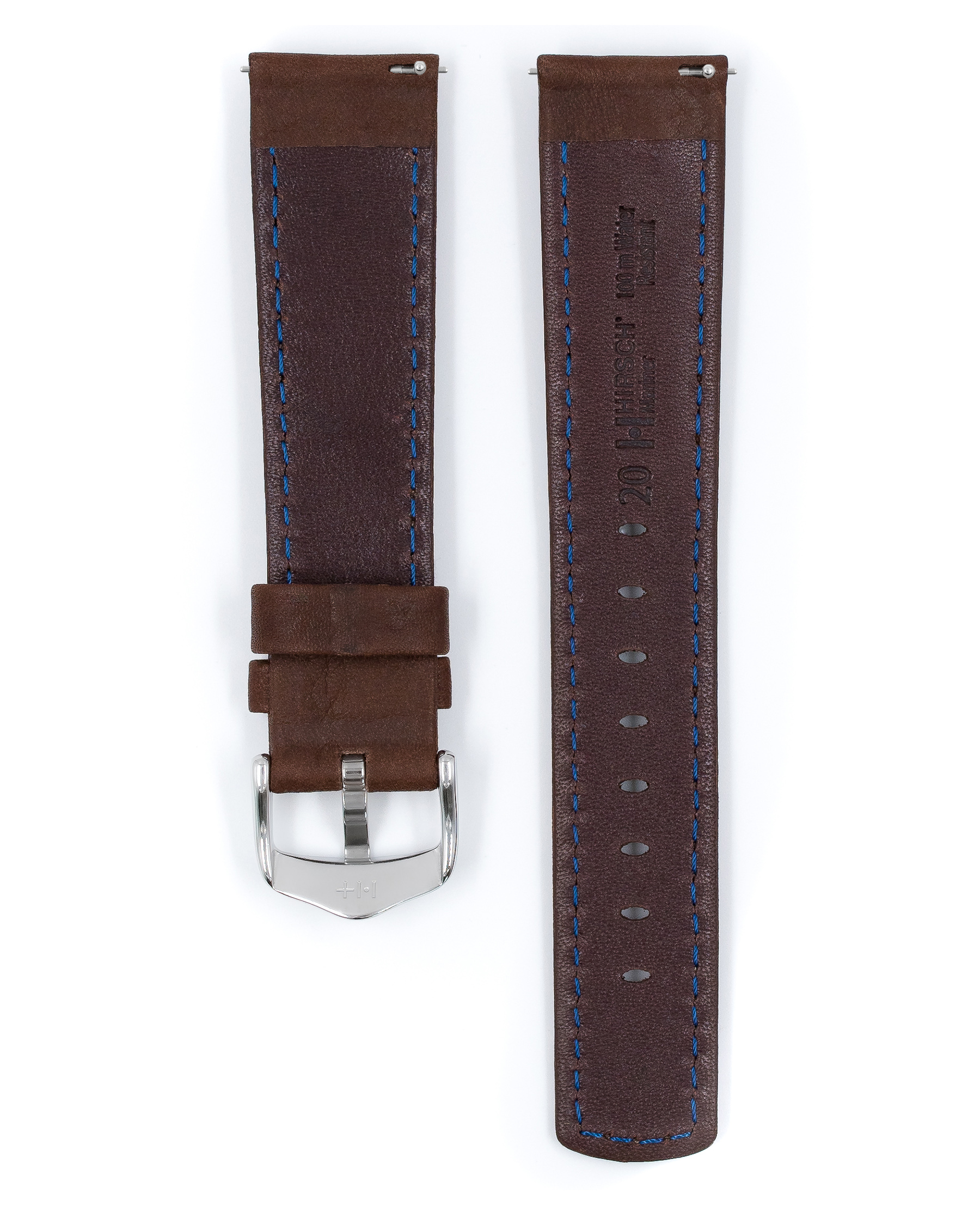 Braunes Leder-Uhrenarmband mit blauen Nähten und silberner Schnalle, auf Weiß.