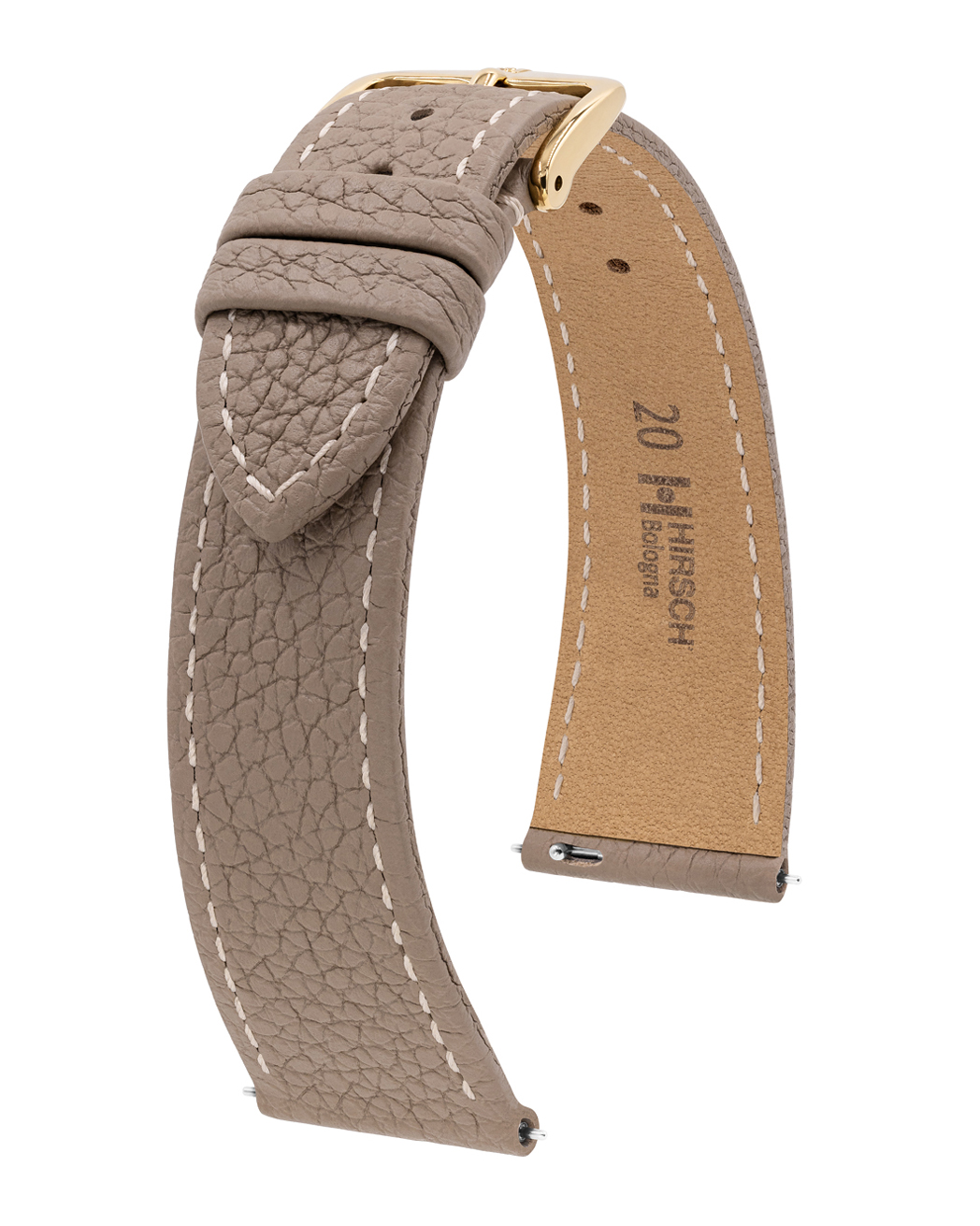 Graues Leder-Uhrenarmband mit weißen Nähten und goldener Schnalle, auf Weiß.