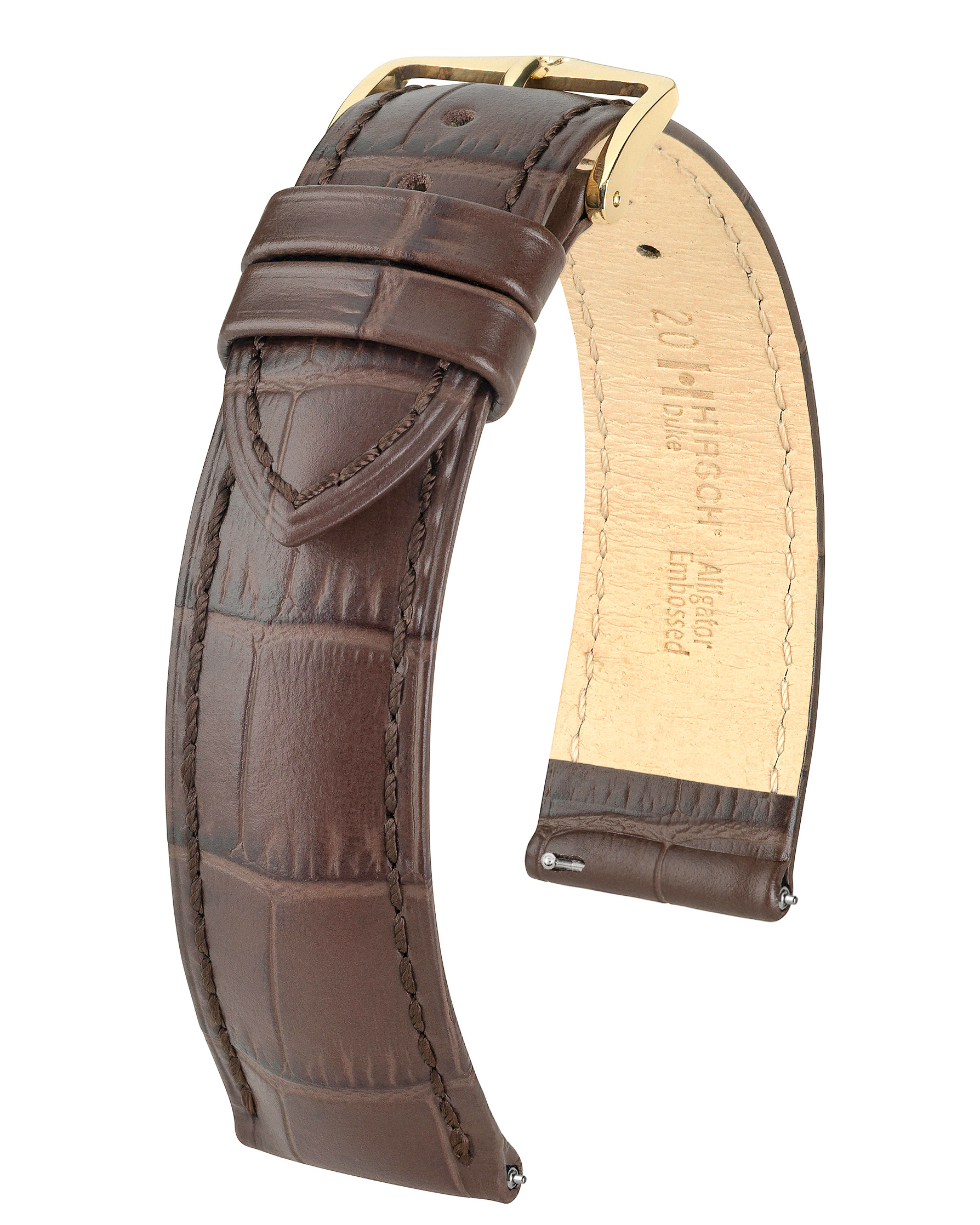 Braunes, geprägtes Alligatorleder-Uhrenarmband mit goldener Schnalle, auf Weiß.